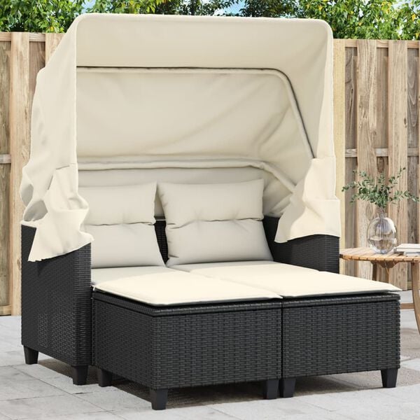 Black PE Rattan Garden Sofa – 2-Seater with Adjustable Armrests