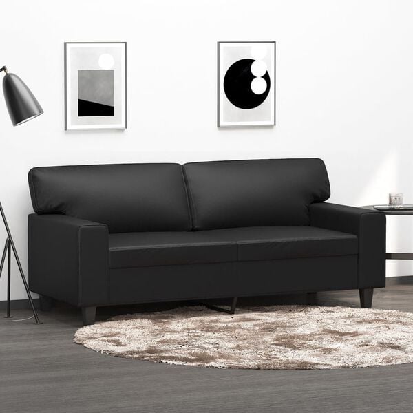 Black Faux Leather 2-Seater Sofa – Metal Frame, Foam Cushions, Durable Design