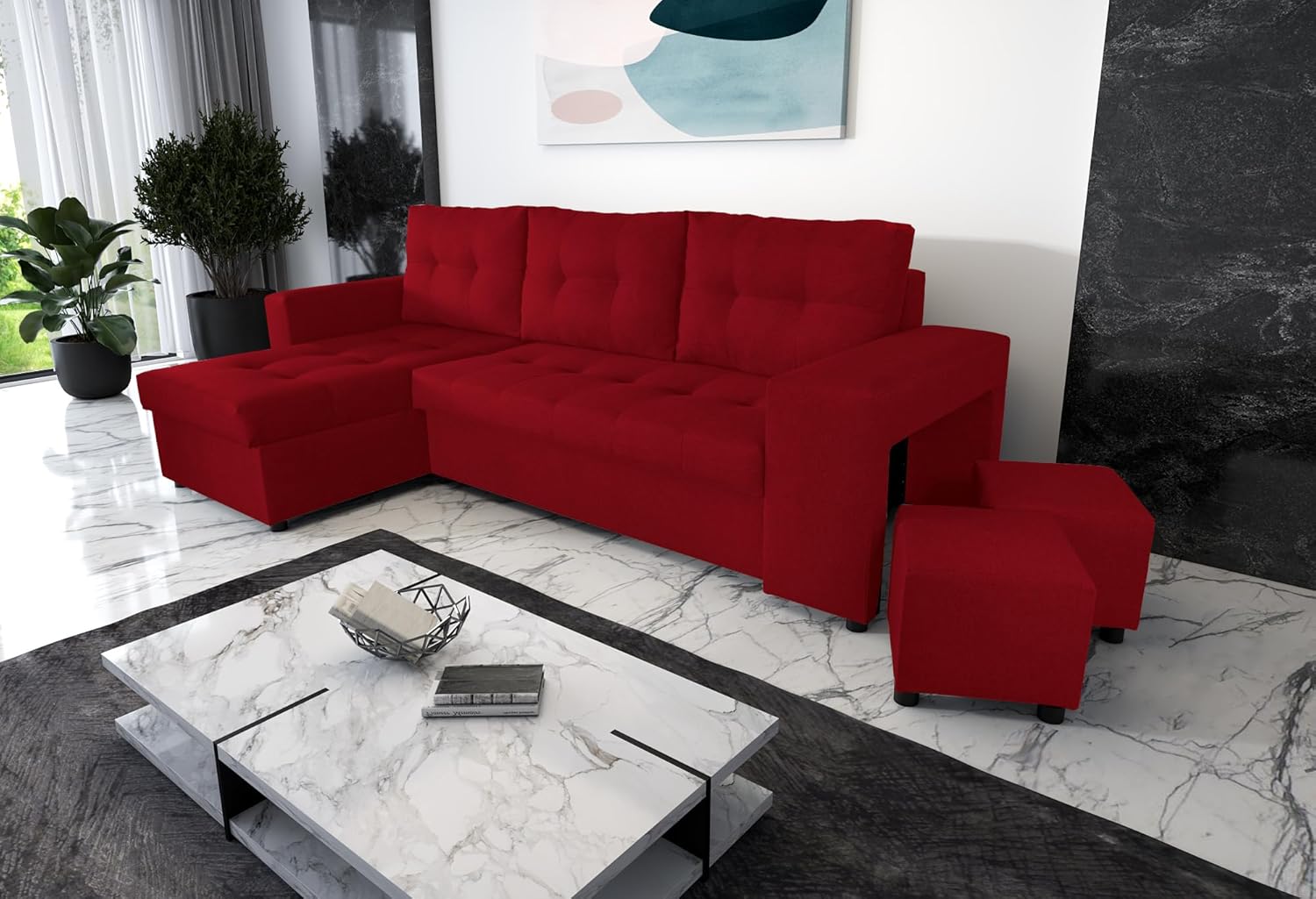 NAWSTOL - Sofa narożna Leon z funkcją spania i skrzynią na pościel – nowoczesna sofa do salonu – możliwość montażu z lewej lub prawej strony (szara + biała sztuczna skóra)