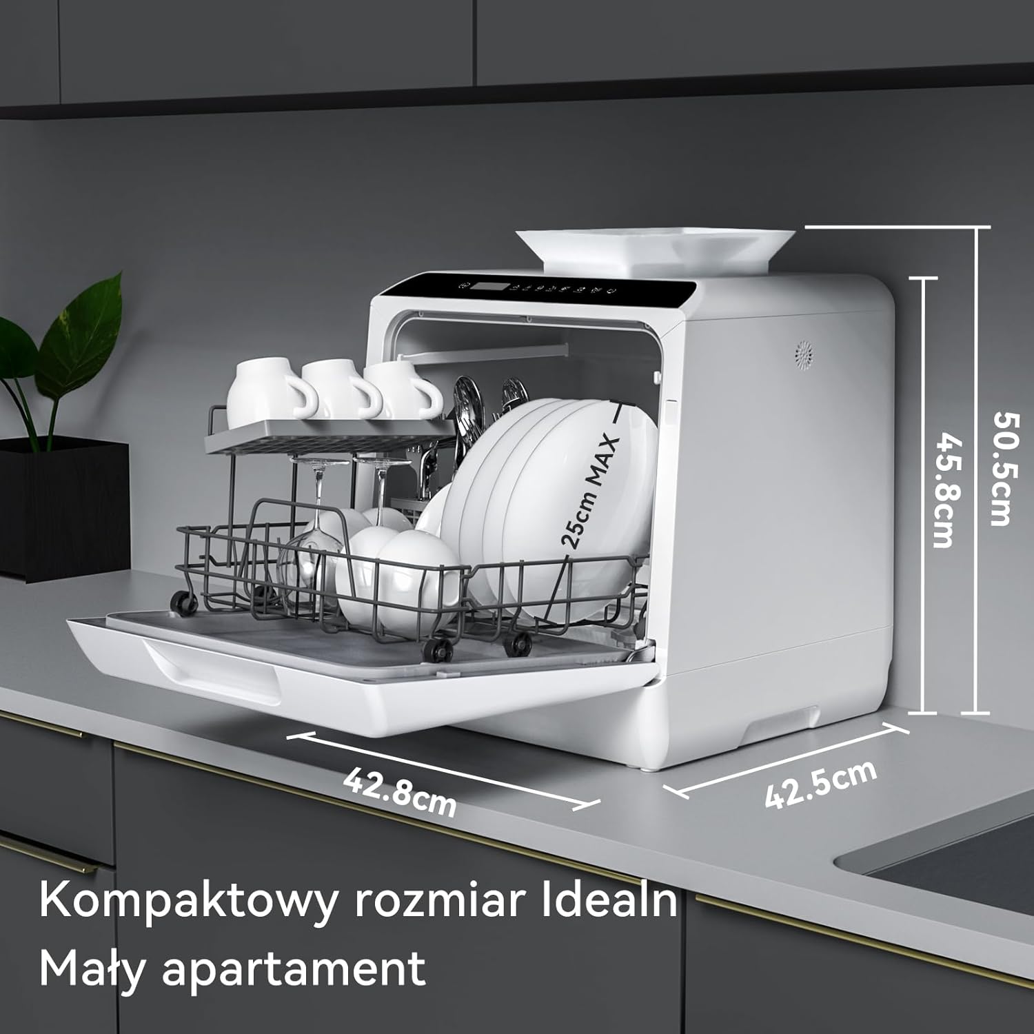 Mini zmywarka stołowa, do użytku z i bez podłączenia do wody, szerokość 43 cm, miejsce na 4 sztućce, do użytku na kempingu, 175 kWh/rok, biały