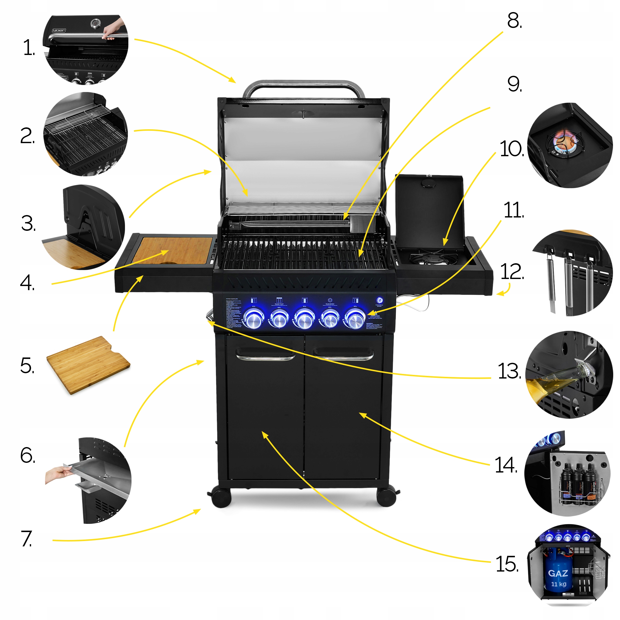 Grill gazowy Ogrodowy ŻELIWNY nierdzewny 3+2 Yoer 17,65 kW +szafka na butlę
