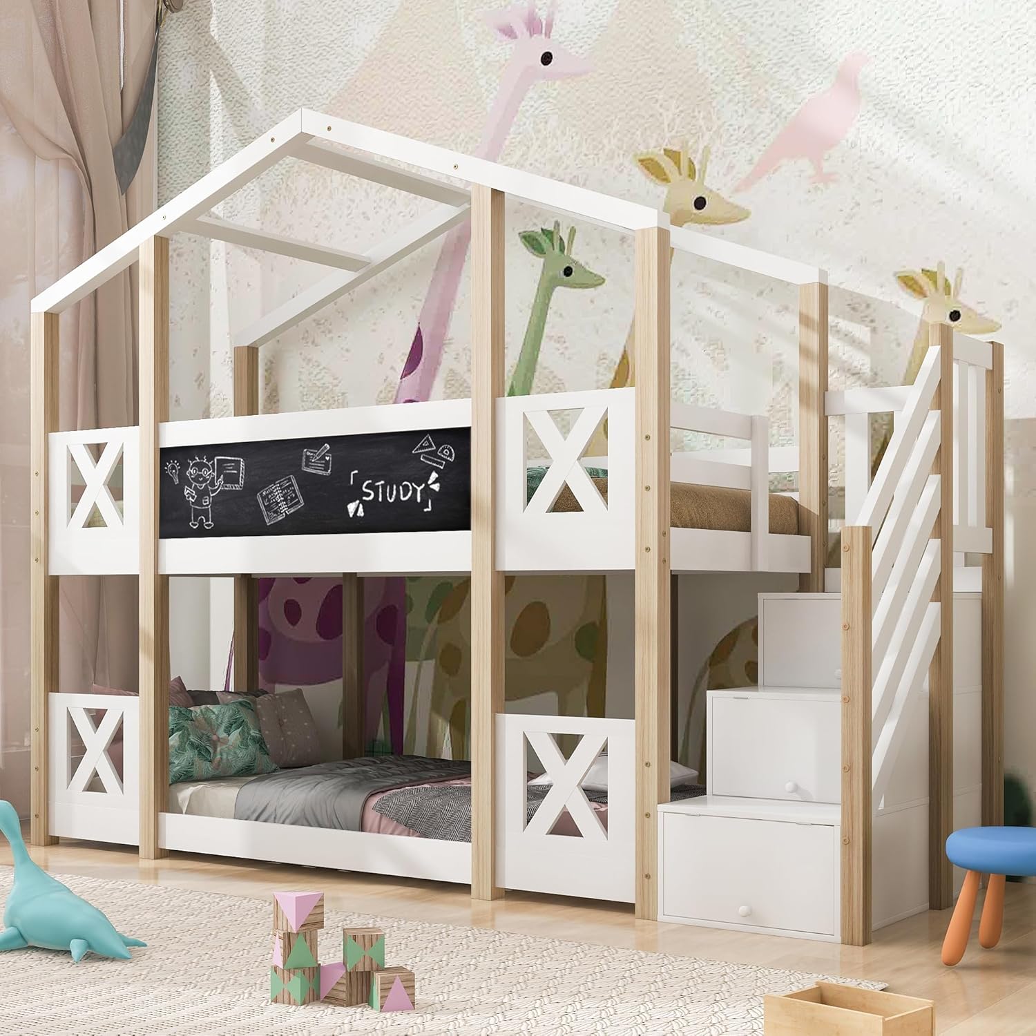 Dolamaní Łóżko domowe 90 x 200 cm ze schodami, łóżko piętrowe 90 x 200 cm, łóżko piętrowe z szufladą i zabezpieczeniem przed wypadnięciem, łóżko pojedyncze dla dzieci, 2 stelaże z listew, kolor