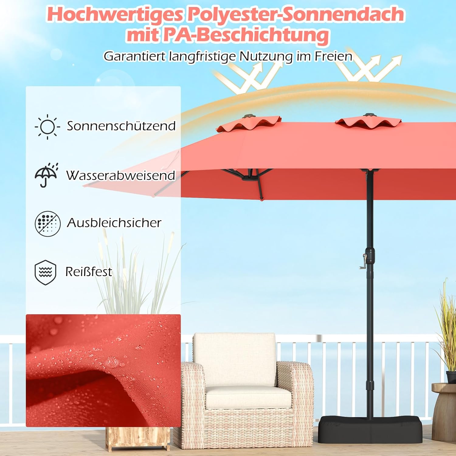 COSTWAY Parasol przeciwsłoneczny, prostokątny, 300 x 300 cm, duży parasol przeciwsłoneczny z korbą, parasol ogrodowy, odchylany o 360°, parasol tarasowy, do ogrodu, na taras, balkon (czarny)