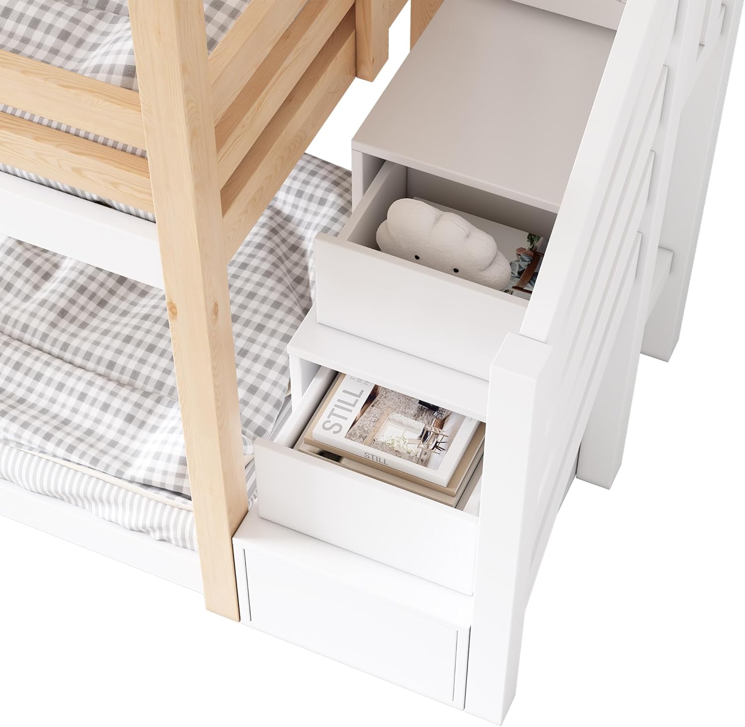 Dolamaní Łóżko domowe 90 x 200 cm ze schodami, łóżko piętrowe 90 x 200 cm, łóżko piętrowe z szufladą i zabezpieczeniem przed wypadnięciem, łóżko pojedyncze dla dzieci, 2 stelaże z listew, kolor
