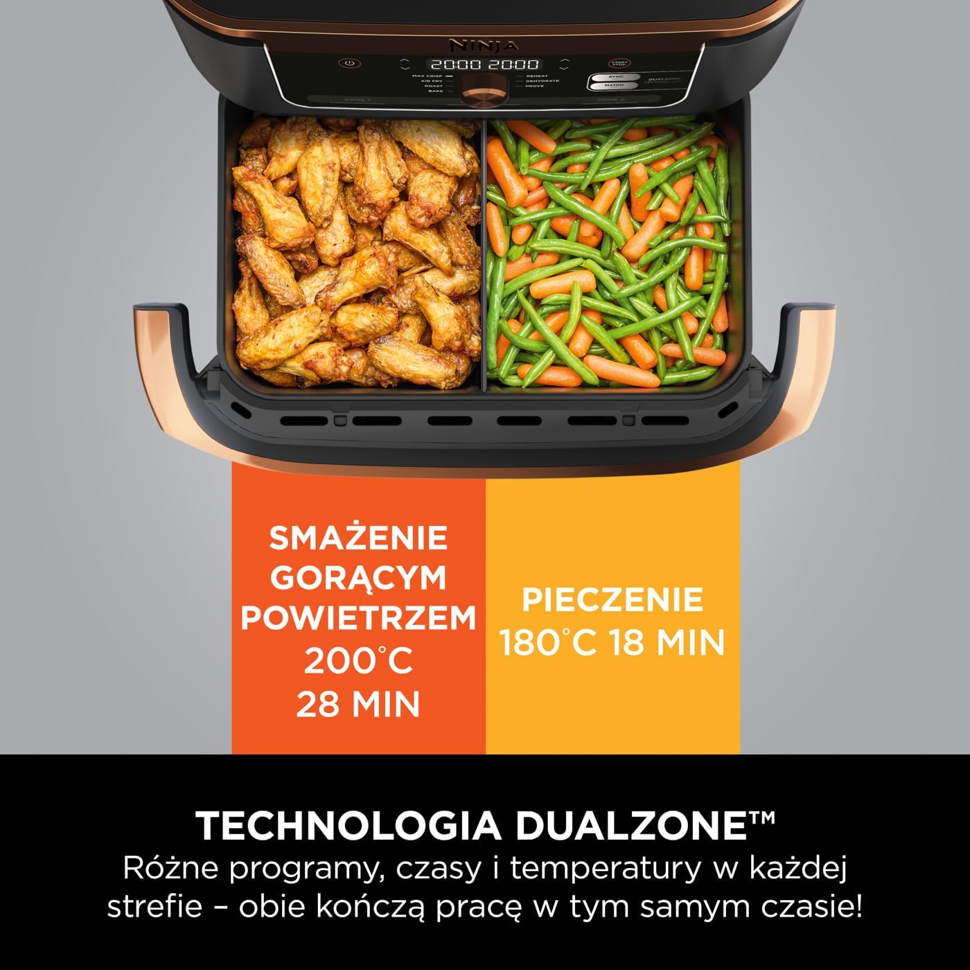 Ninja Foodi MAX Dual Zone Frytkownica beztłuszczowa z 2 szufladami, 9,5 l, kosz nieprzywierający nadaje sie do zmywarki, na 8 porcji, miedziano/czarna, 6 w 1, amazon exclusive, AF400EUCP