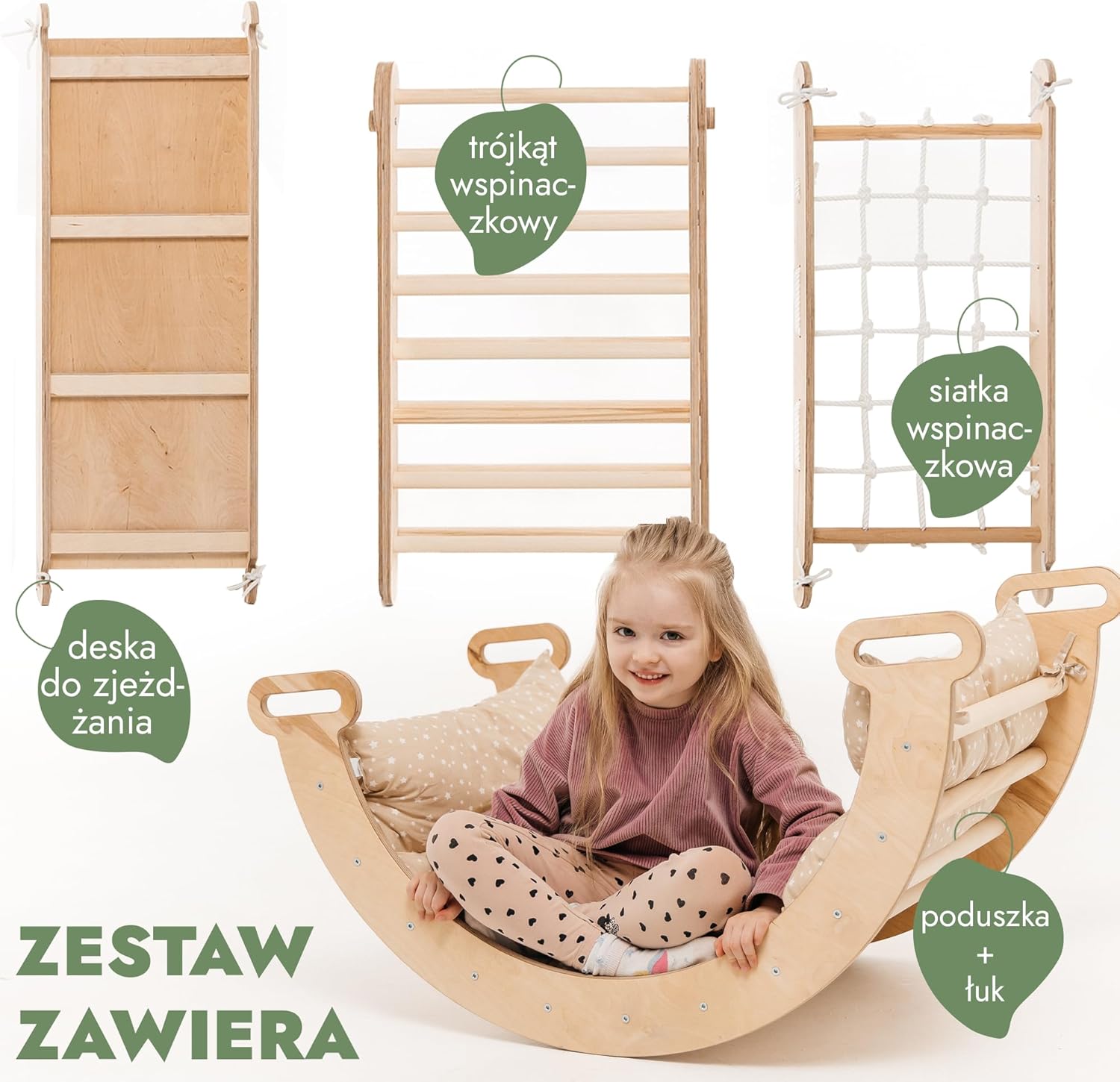 Zestaw wspinaczkowy 5 w 1 Montessori - drewniana siłownia z trójkątną drabinką i łukiem oraz rampą wspinaczkową, siatką i poduszką - rama wspinaczkowa dla maluchów w wieku 1-7 lat w rozmiarze XL