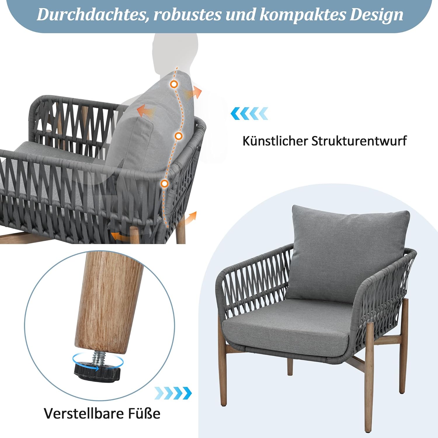 Dolamaní Zestaw mebli wypoczynkowych 0utdoor dla 5 osób, 3-osobowa sofa, 2 fotele i 2 stoliki kawowe, blat stołu z WPC, ze stali, z wygodnymi poduszkami (kolor szary)