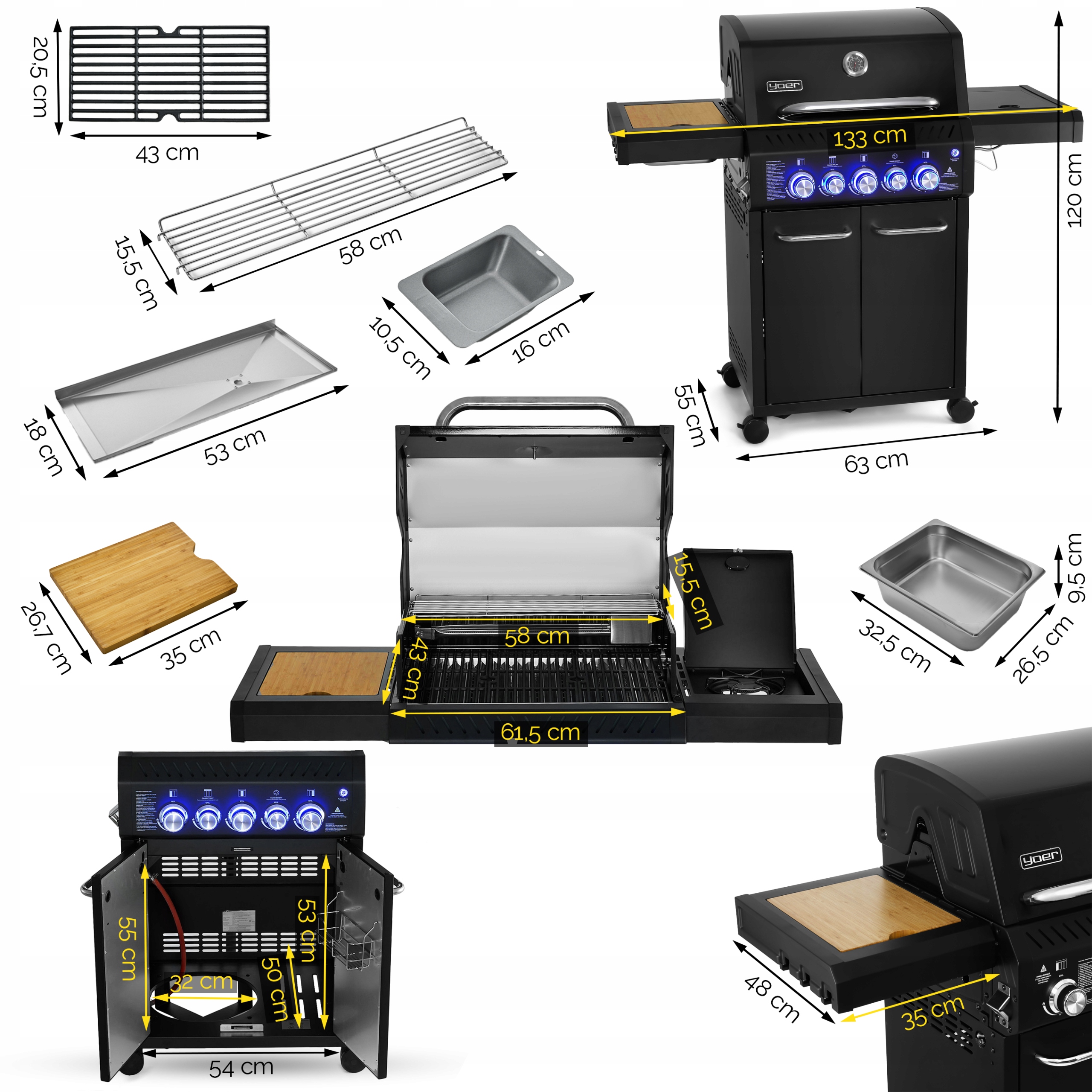 Grill gazowy Ogrodowy ŻELIWNY nierdzewny 3+2 Yoer 17,65 kW +szafka na butlę