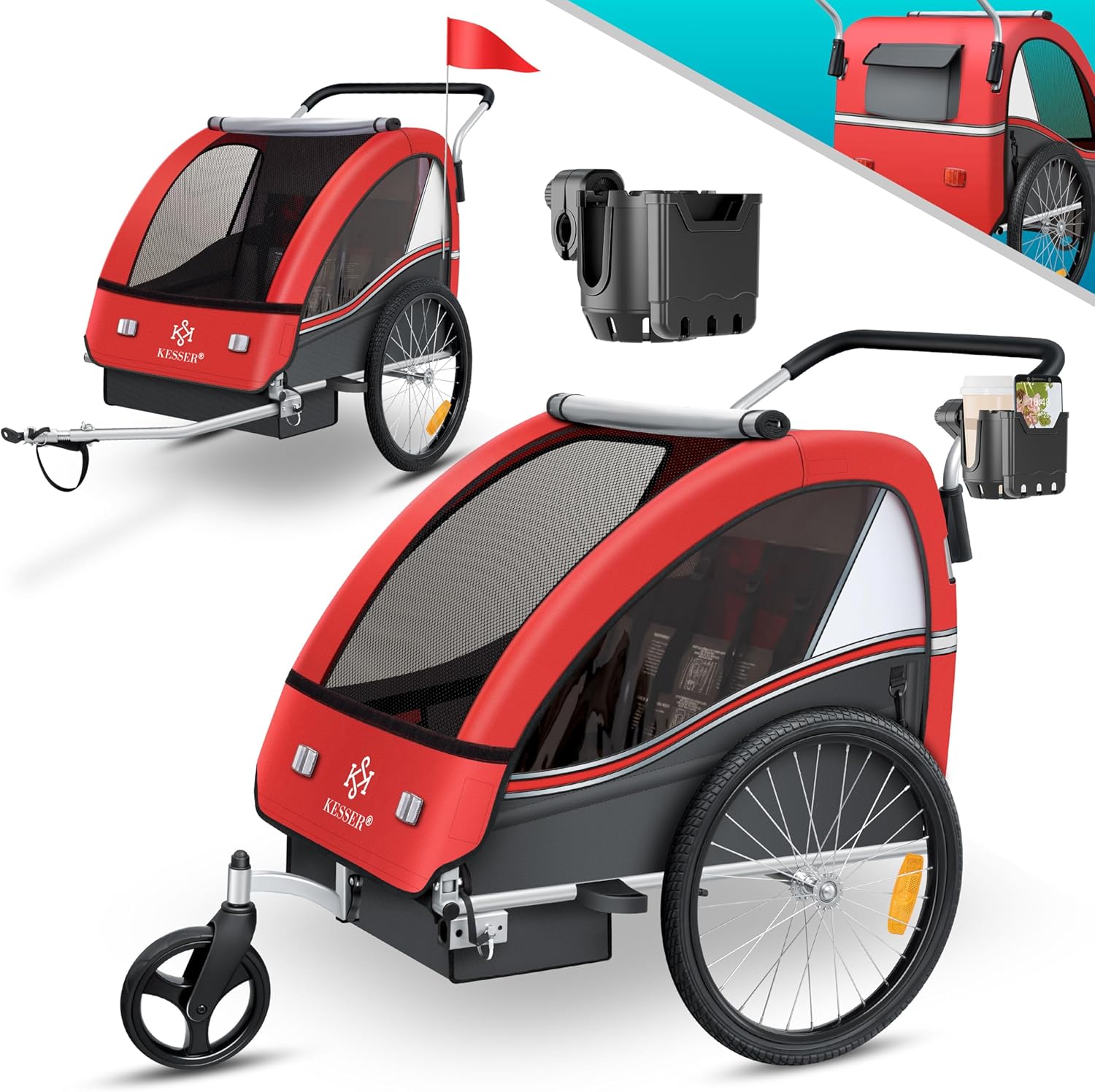 KESSER® Przyczepka rowerowa dla dzieci Sport-RX 2w1 z funkcją jazdy Przyczepka rowerowa dla dzieci + 5-punktowy pas bezpieczeństwa 360°