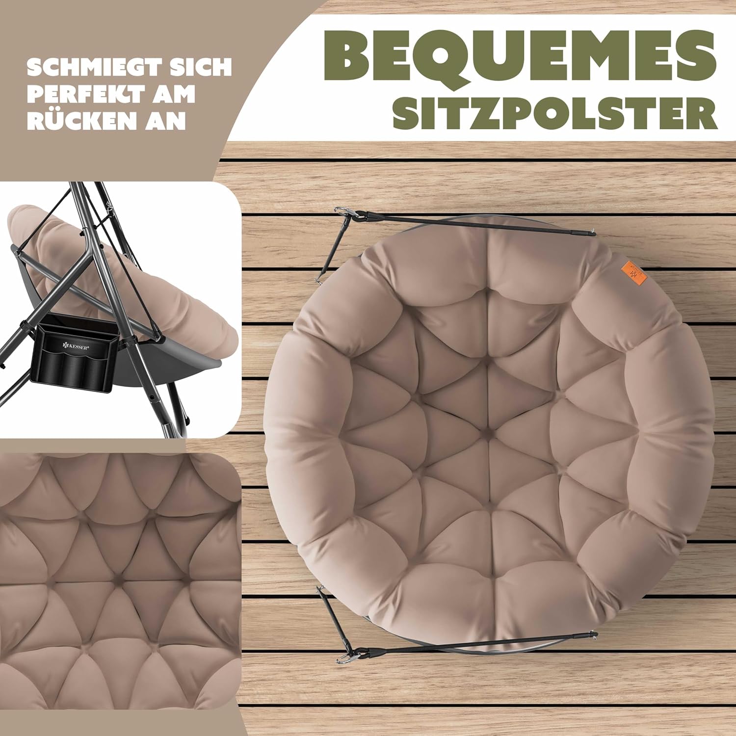 KESSER® Fotel wiszący ze stalowym stelażem, huśtawka, do 150 kg, do użytku wewnątrz i na zewnątrz, z poduszką i kieszenią boczną, kosz wiszący, piankowa poduszka, idealny do salonu i ogrodu