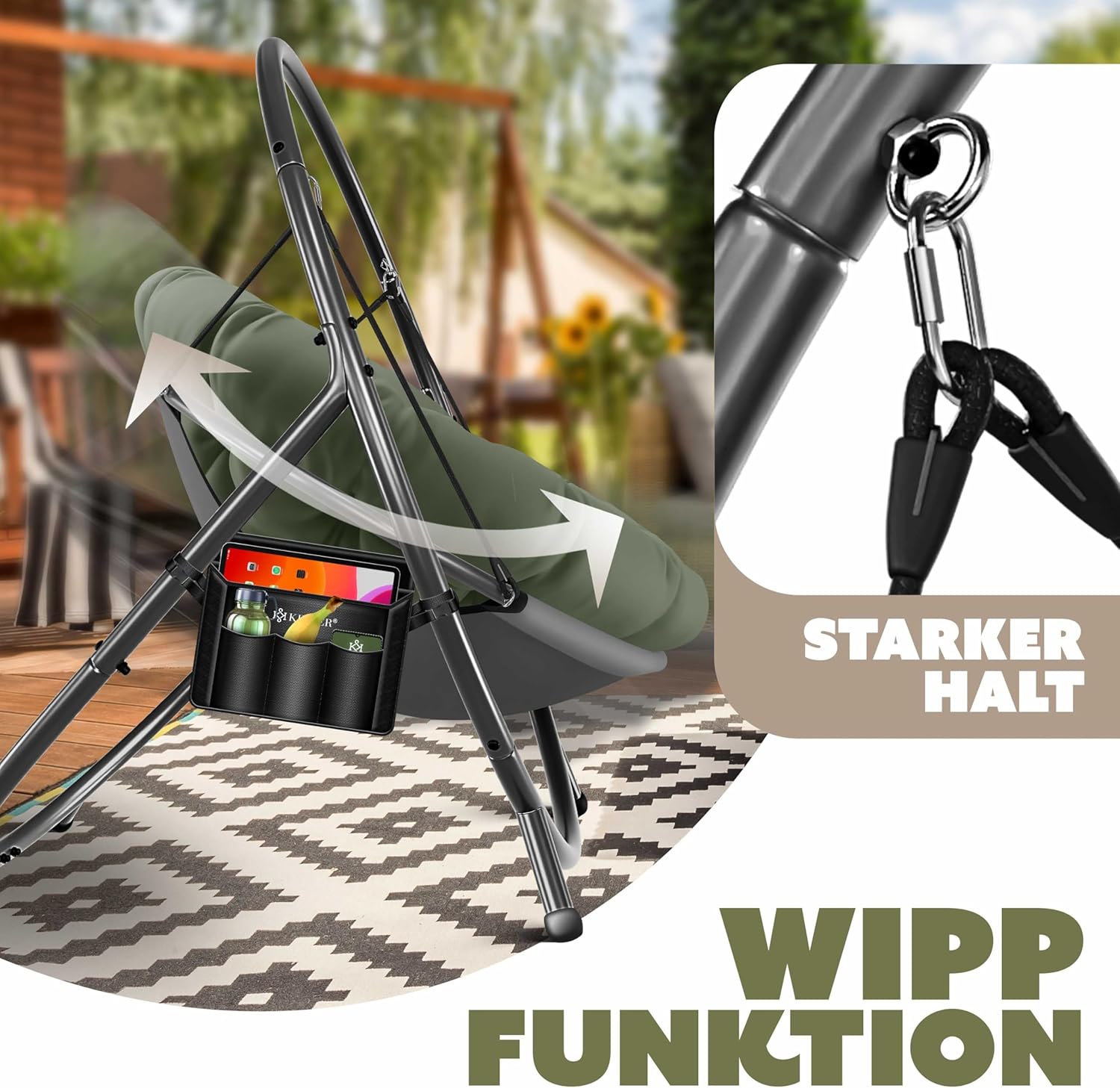 KESSER® Fotel wiszący ze stalowym stelażem, huśtawka, do 150 kg, do użytku wewnątrz i na zewnątrz, z poduszką i kieszenią boczną, kosz wiszący, piankowa poduszka, idealny do salonu i ogrodu