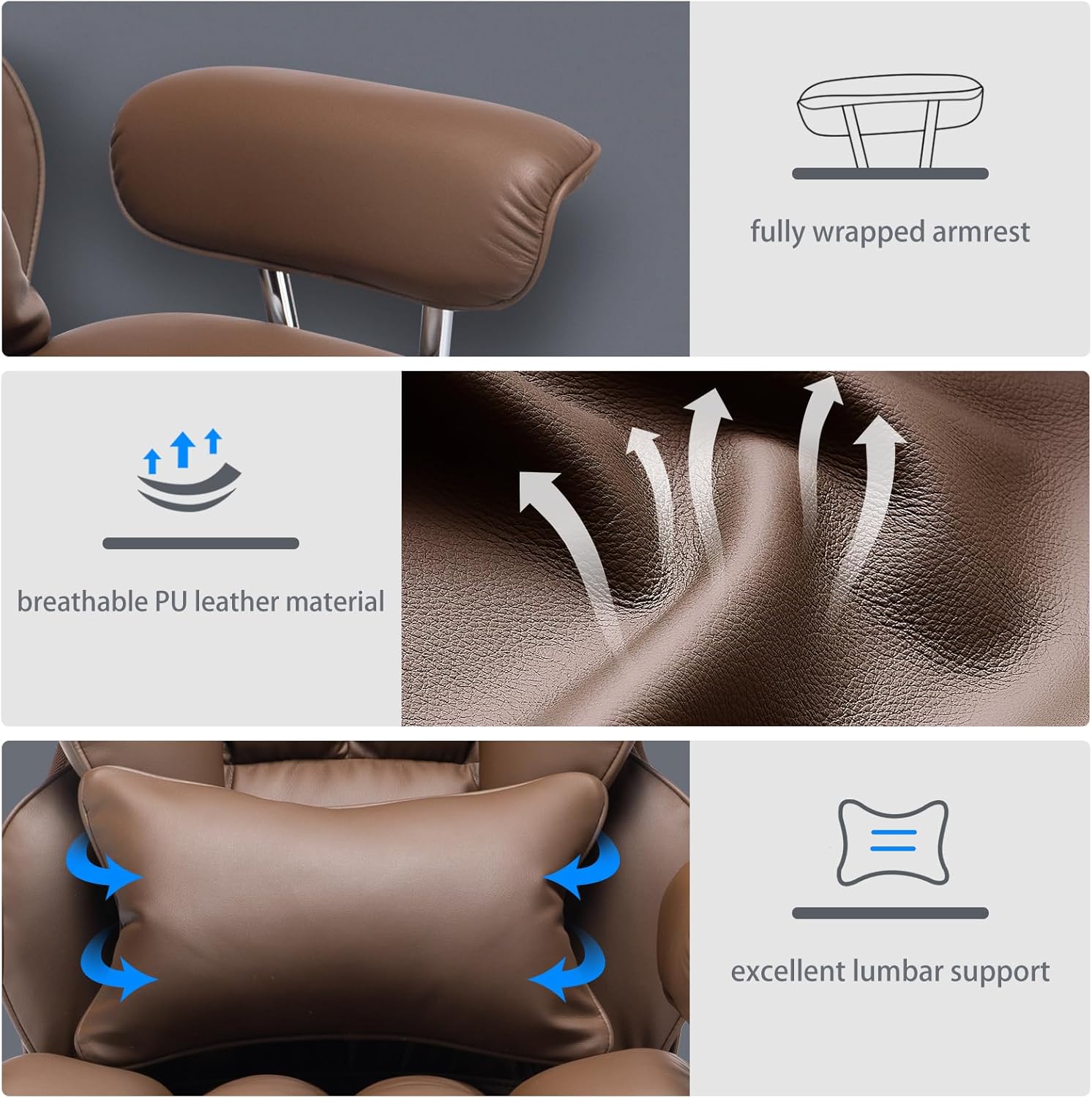 Efomao ergonomiczny fotel biurowy, krzesło kierownicze z PU skóry, fotel biurowy do 200 kg z podnóżkiem i podpórką lędźwiową, regulowane krzesło z wysokim oparciem
