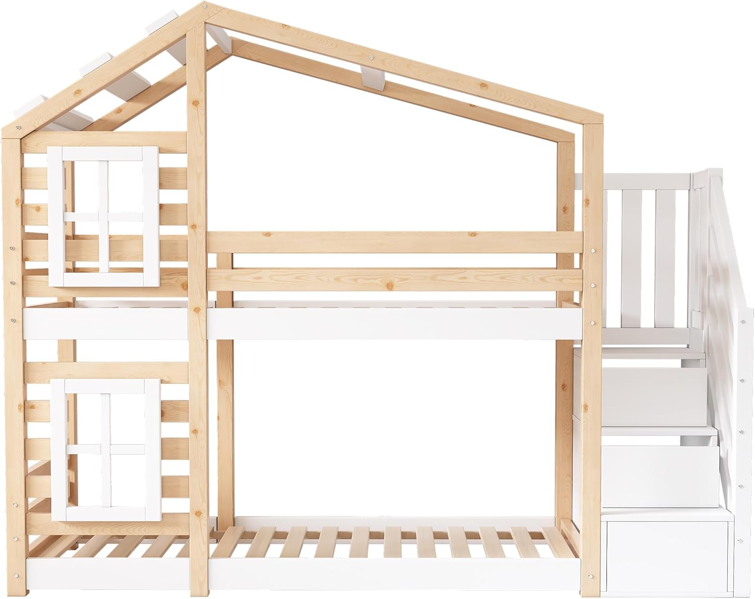Dolamaní Łóżko domowe 90 x 200 cm ze schodami, łóżko piętrowe 90 x 200 cm, łóżko piętrowe z szufladą i zabezpieczeniem przed wypadnięciem, łóżko pojedyncze dla dzieci, 2 stelaże z listew, kolor