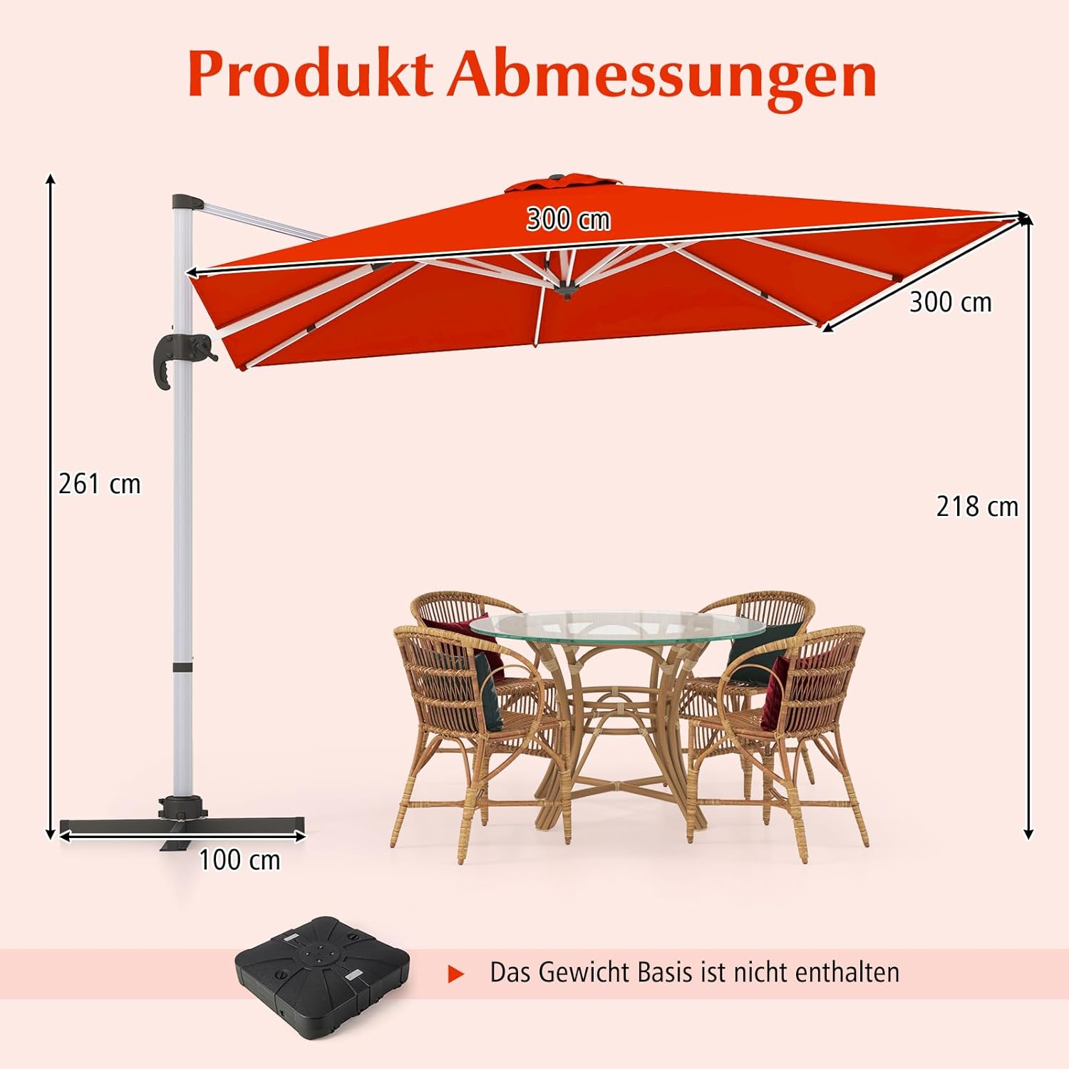 COSTWAY Parasol przeciwsłoneczny, prostokątny, 300 x 300 cm, duży parasol przeciwsłoneczny z korbą, parasol ogrodowy, odchylany o 360°, parasol tarasowy, do ogrodu, na taras, balkon (czarny)