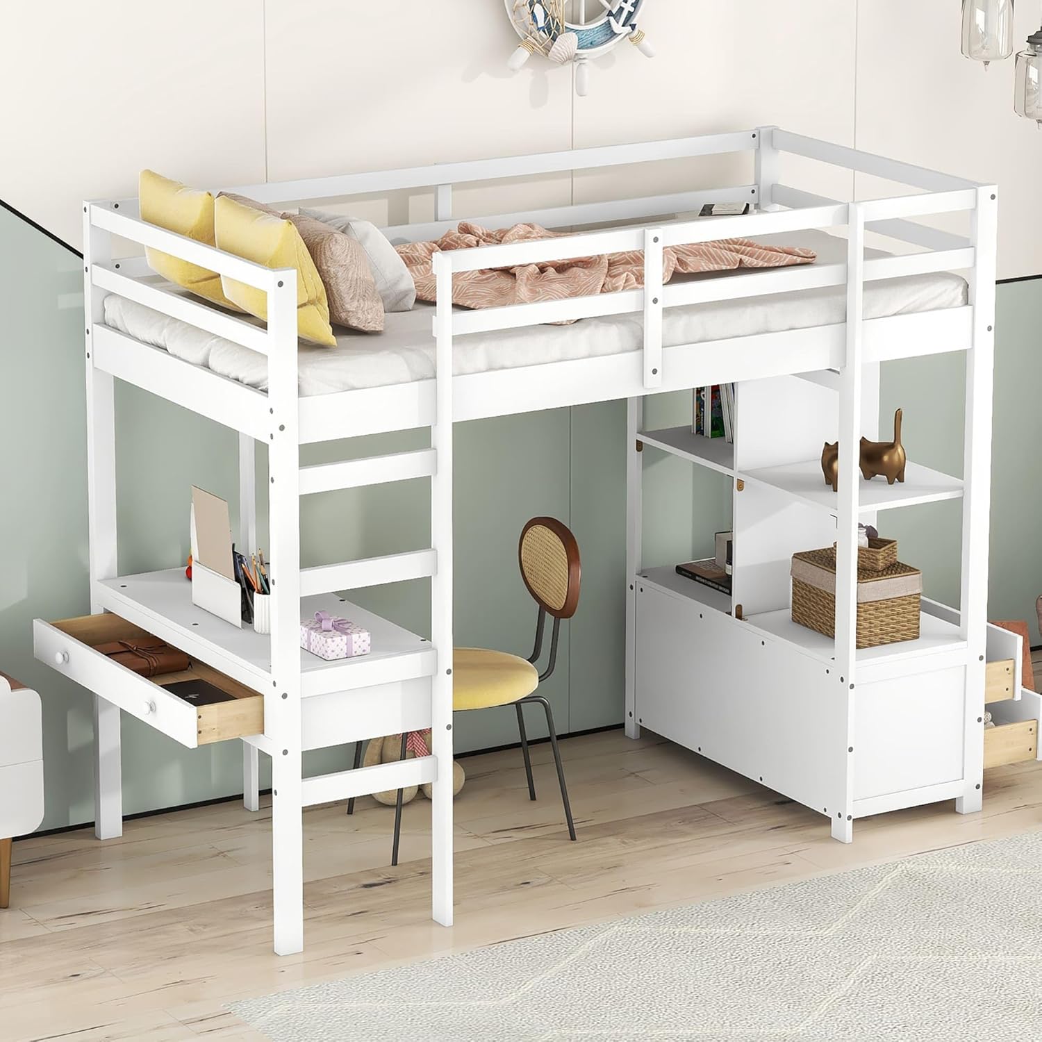 YCYDHDM Łóżko piętrowe 90 x 200 cm z biurkiem i półkami, łóżko piętrowe dla dzieci, łóżko młodzieżowe z zabezpieczeniem przed wypadnięciem i miejscem do przechowywania, rama łóżka z drewna sosnowego,