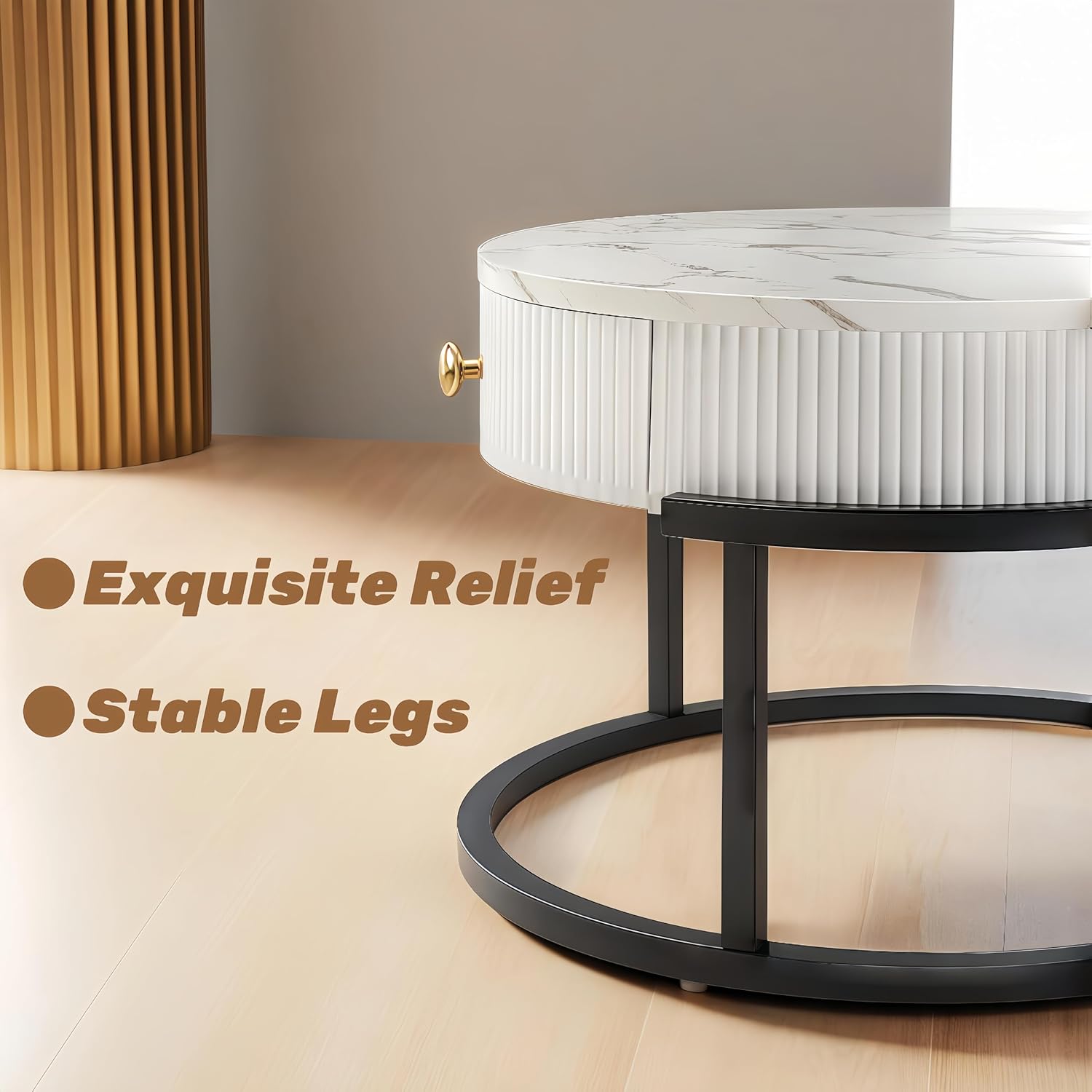 Ginhow Stolik kawowy, okrągły, biały i złoty, 2-częściowy zestaw, stolik kawowy o wyglądzie marmuru, okrągły stolik kawowy z 1 szufladą, nowoczesny stolik pomocniczy, złoty, okrągły, Ø 70 x wys. 45