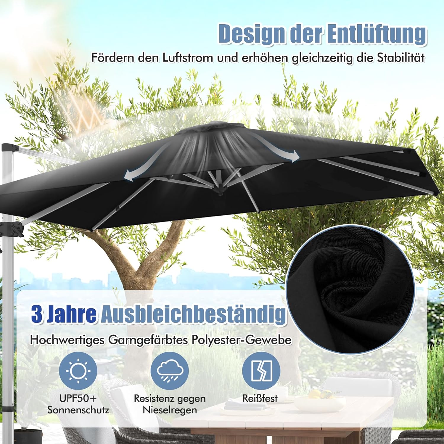 COSTWAY Parasol przeciwsłoneczny, prostokątny, 300 x 300 cm, duży parasol przeciwsłoneczny z korbą, parasol ogrodowy, odchylany o 360°, parasol tarasowy, do ogrodu, na taras, balkon (czarny)