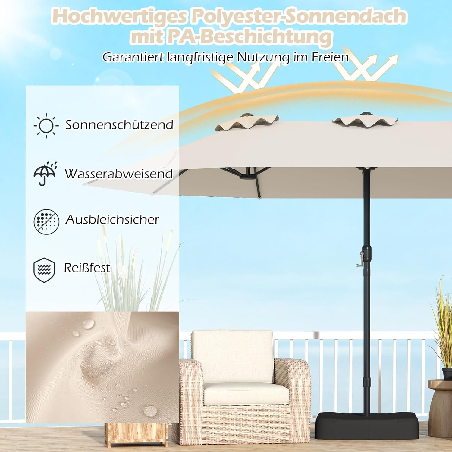 COSTWAY Parasol przeciwsłoneczny, prostokątny, 300 x 300 cm, duży parasol przeciwsłoneczny z korbą, parasol ogrodowy, odchylany o 360°, parasol tarasowy, do ogrodu, na taras, balkon (czarny)
