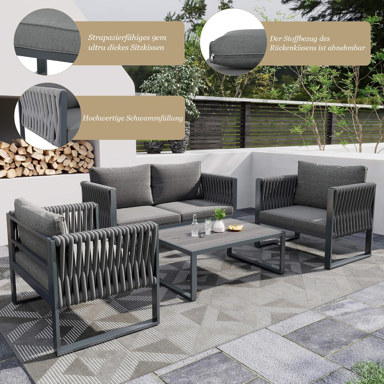 HYUB Zestaw mebli ogrodowych, meble wypoczynkowe do użytku na zewnątrz z podwójną sofą i 2 pojedynczymi sofami, zestaw wypoczynkowy do użytku na zewnątrz ze stolikiem kawowym i poduszkami do