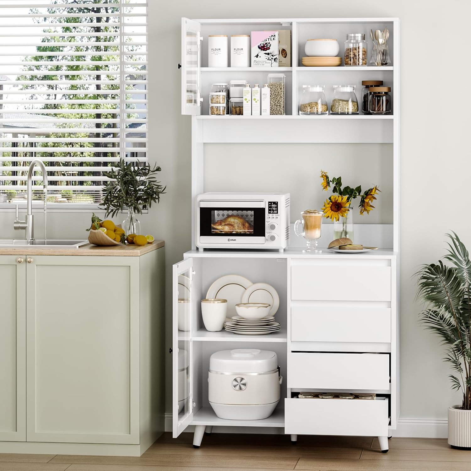 FOREHILL Szafka kuchenna, wysoka szafka, szafka bufetowa ze szklanymi drzwiami, blat roboczy, 4 szuflady, uniwersalna szafka do kuchni, jadalni, salonu, 80 x 40 x 180 cm, biała, M172