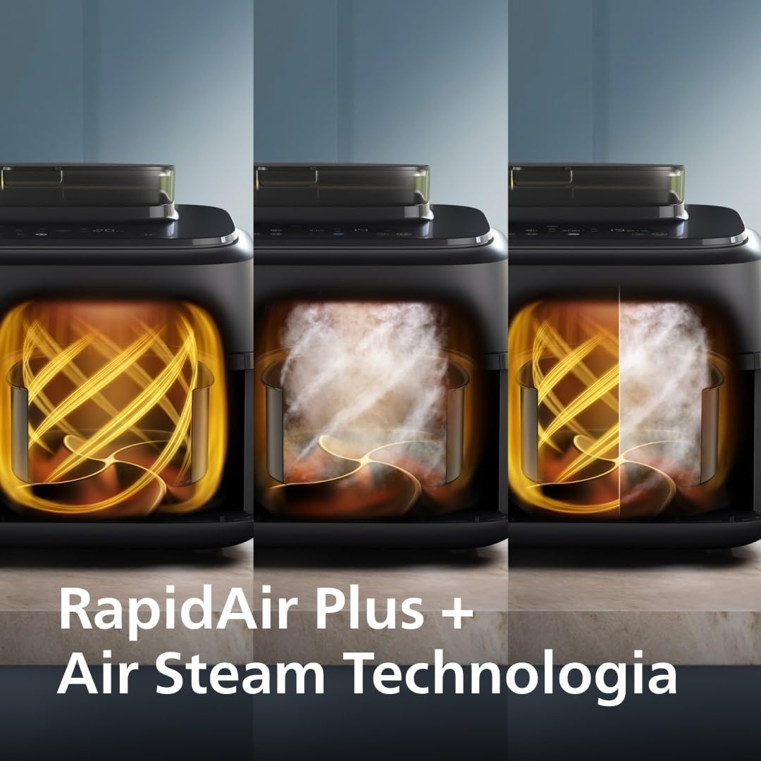 Philips Airfryer 5000 Serii Dual Basket z Technologią Air Steam oraz RapidAir Plus - pojemność 9L, 19 sposobów gotowania, 90% mniej tłuszczu, 2 kosze, czyszczenie parą, akcesoria (NA550/00)