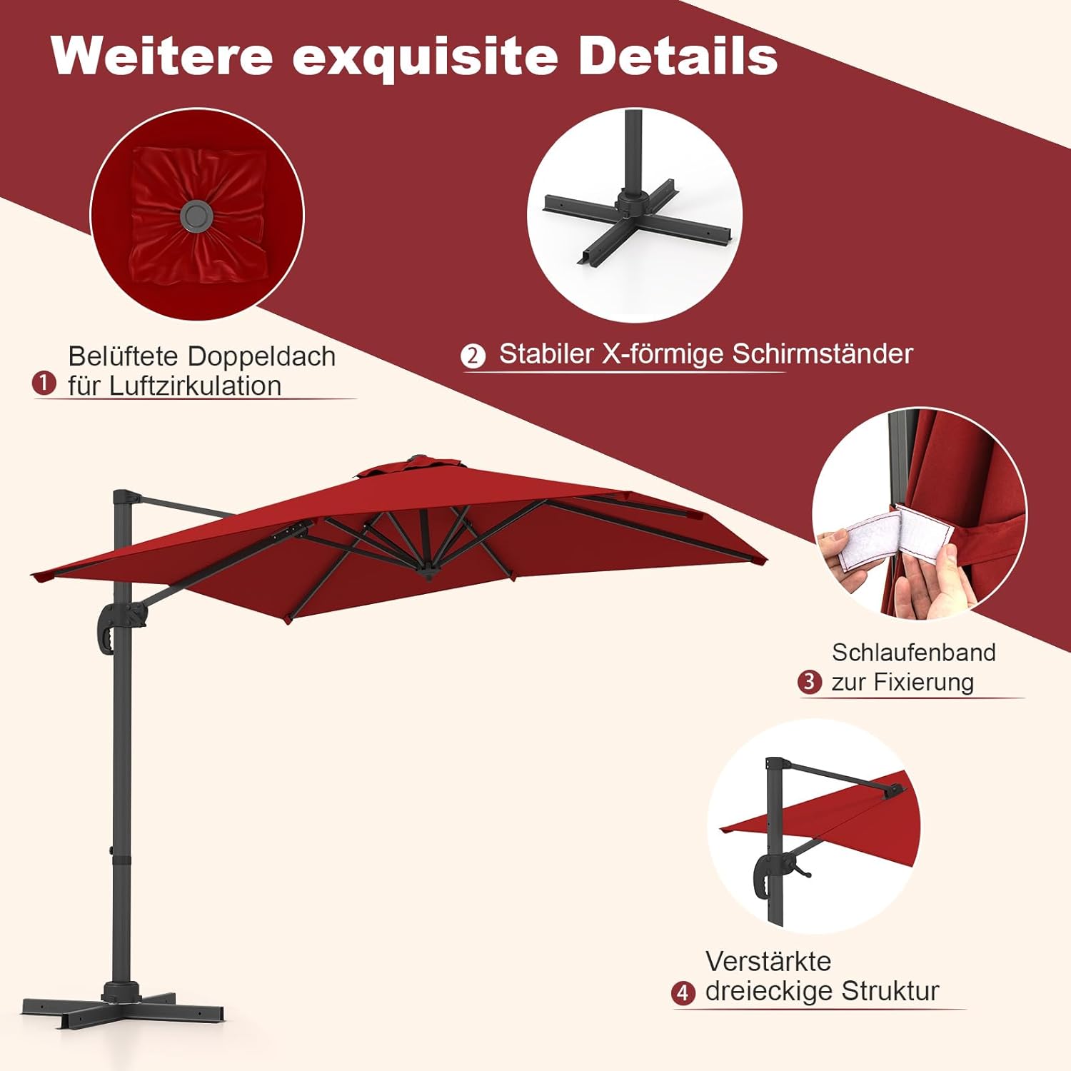 COSTWAY Parasol przeciwsłoneczny, prostokątny, 300 x 300 cm, duży parasol przeciwsłoneczny z korbą, parasol ogrodowy, odchylany o 360°, parasol tarasowy, do ogrodu, na taras, balkon (czarny)