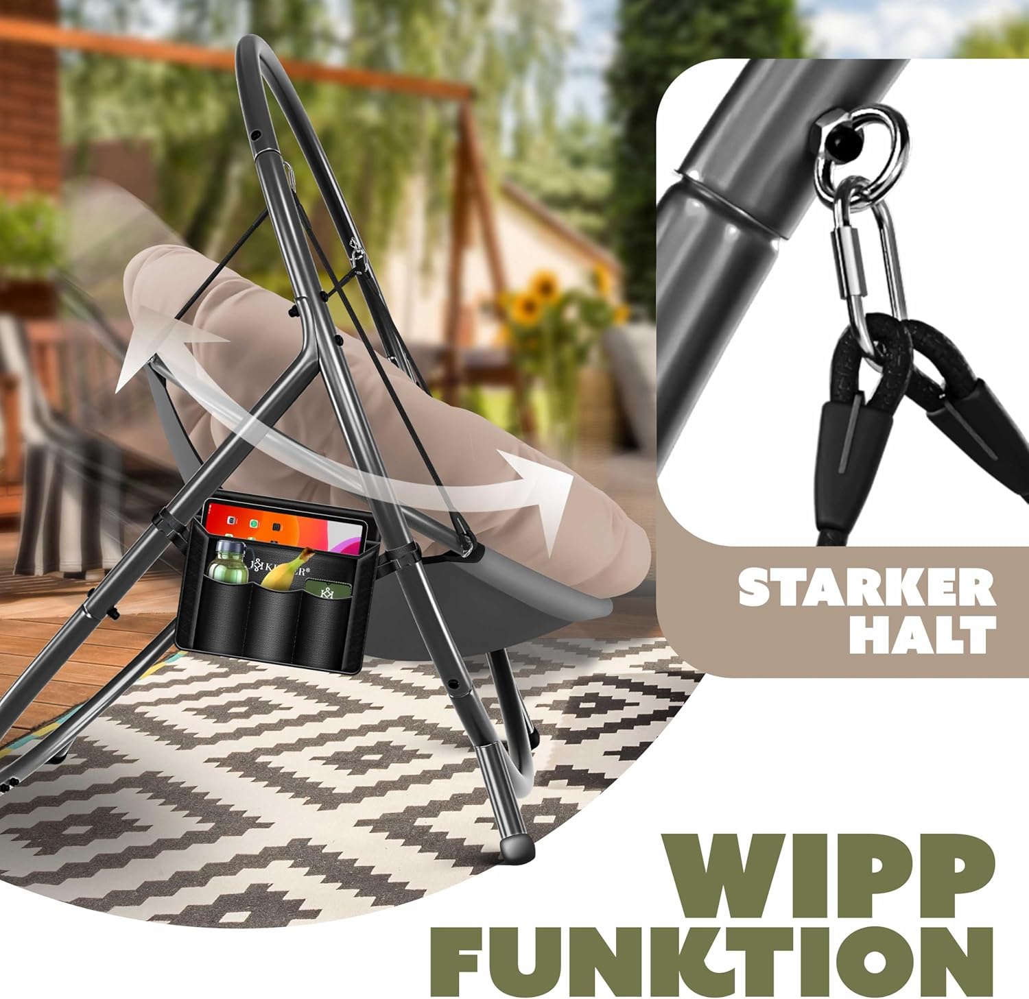 KESSER® Fotel wiszący ze stalowym stelażem, huśtawka, do 150 kg, do użytku wewnątrz i na zewnątrz, z poduszką i kieszenią boczną, kosz wiszący, piankowa poduszka, idealny do salonu i ogrodu