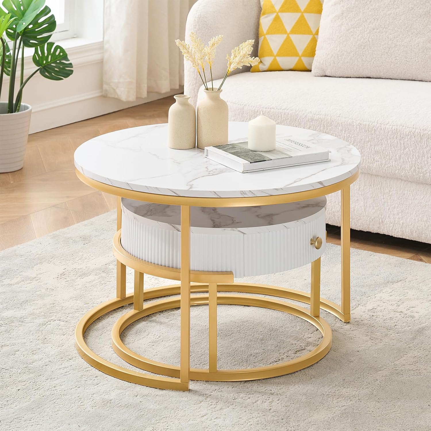 Ginhow Stolik kawowy, okrągły, biały i złoty, 2-częściowy zestaw, stolik kawowy o wyglądzie marmuru, okrągły stolik kawowy z 1 szufladą, nowoczesny stolik pomocniczy, złoty, okrągły, Ø 70 x wys. 45