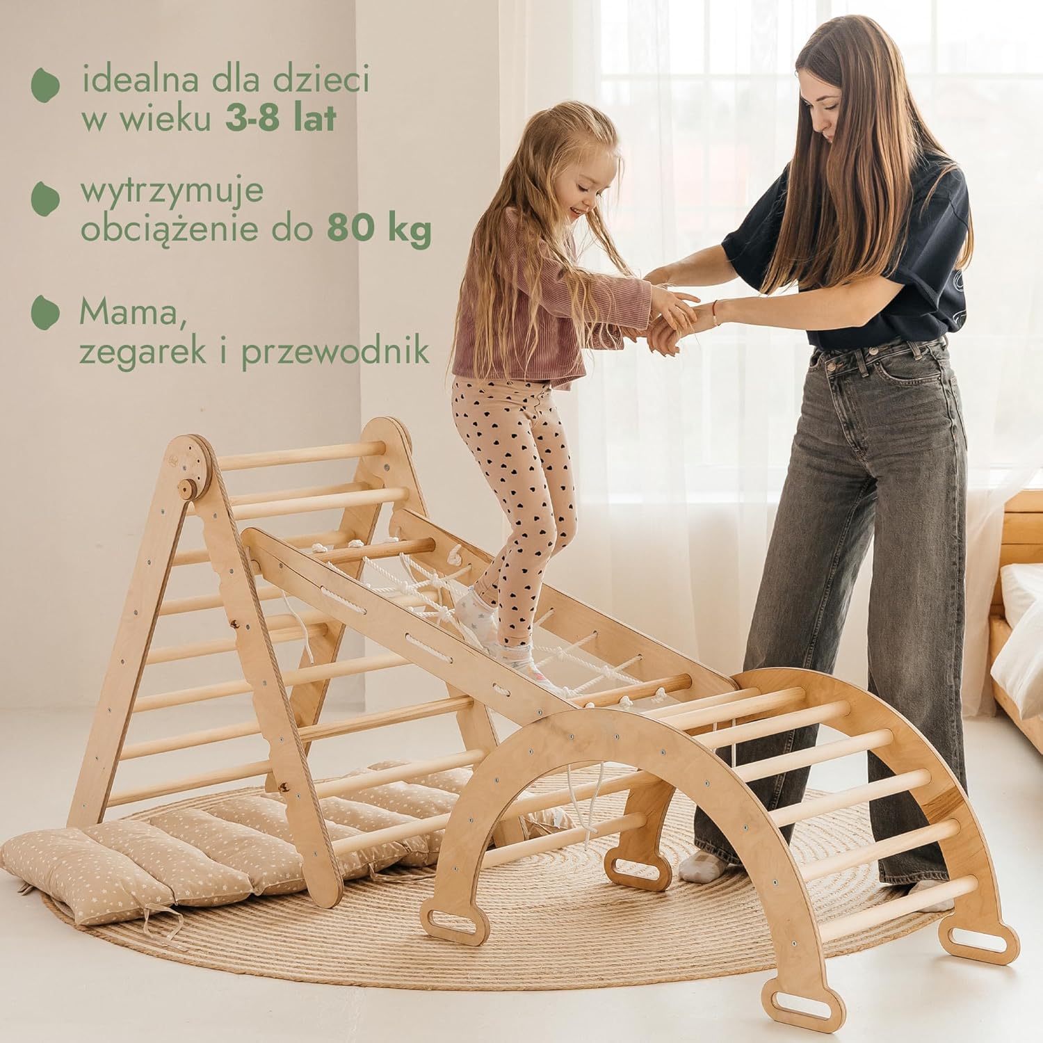 Zestaw wspinaczkowy 5 w 1 Montessori - drewniana siłownia z trójkątną drabinką i łukiem oraz rampą wspinaczkową, siatką i poduszką - rama wspinaczkowa dla maluchów w wieku 1-7 lat w rozmiarze XL