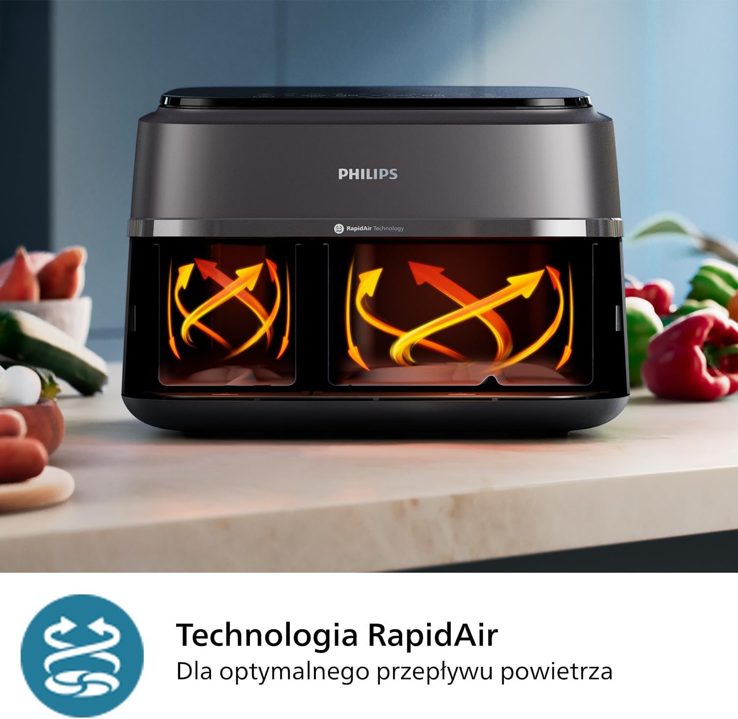 Philips Airfryer 5000 Serii Dual Basket z Technologią Air Steam oraz RapidAir Plus - pojemność 9L, 19 sposobów gotowania, 90% mniej tłuszczu, 2 kosze, czyszczenie parą, akcesoria (NA550/00)