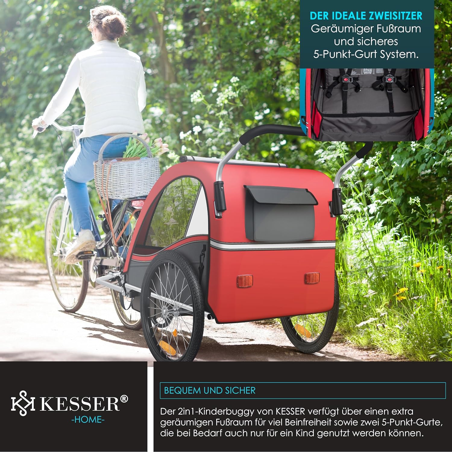 KESSER® Przyczepka rowerowa dla dzieci Sport-RX 2w1 z funkcją jazdy Przyczepka rowerowa dla dzieci + 5-punktowy pas bezpieczeństwa 360°