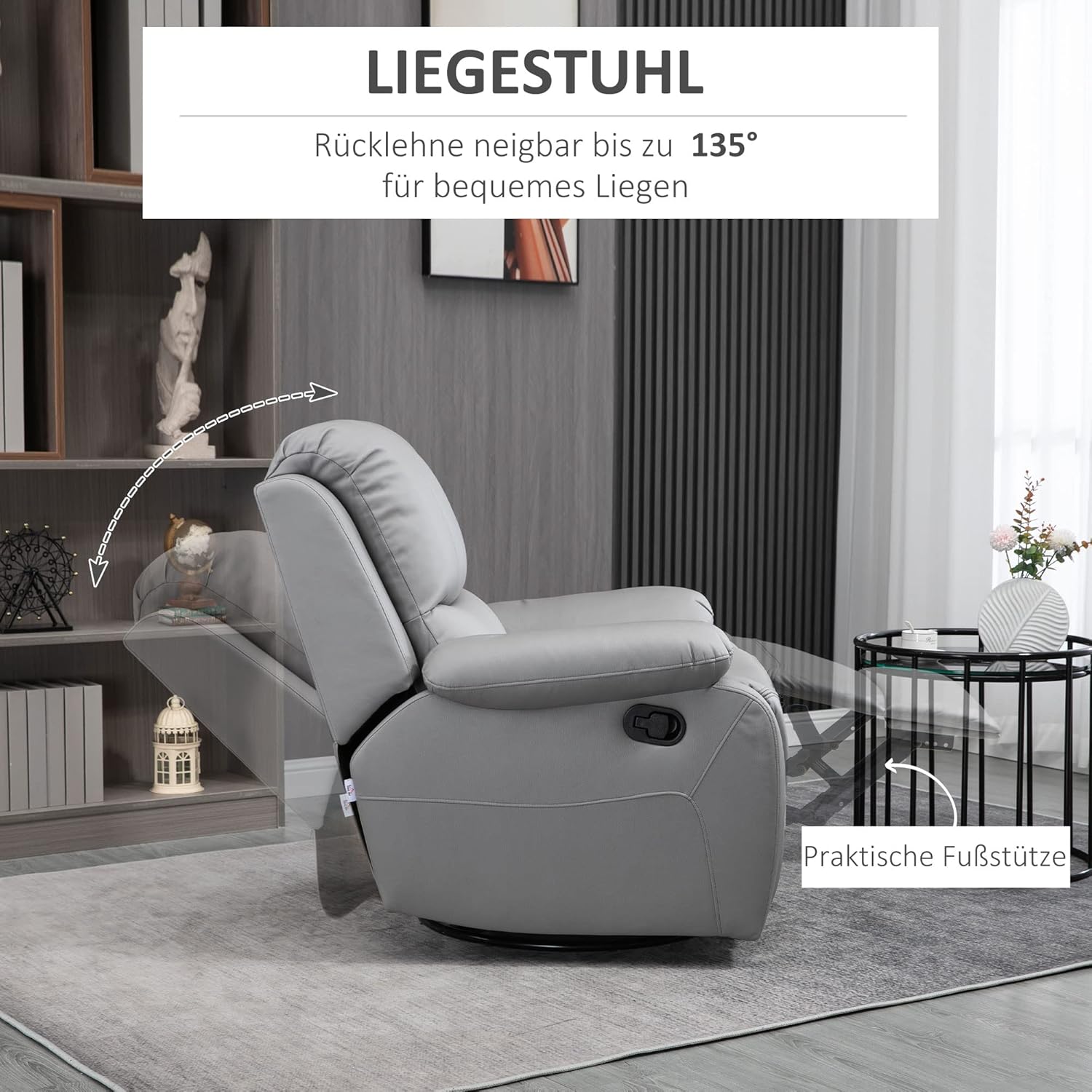 HOMCOM fotel rozkładany 135°, obrotowy fotel TV z podnóżkiem do sypialni w salonie, ładowność do 150 kg poliester zielony