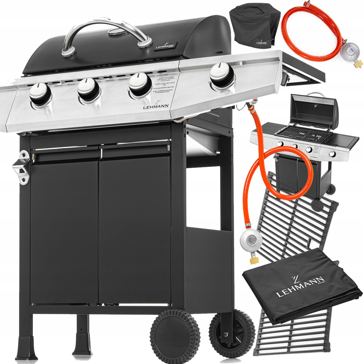 GRILL GAZOWY OGRODOWY ŻELIWNY RUSZT NIERDZEWNY LEHMANN TEXAS 3+1 POKROWIEC