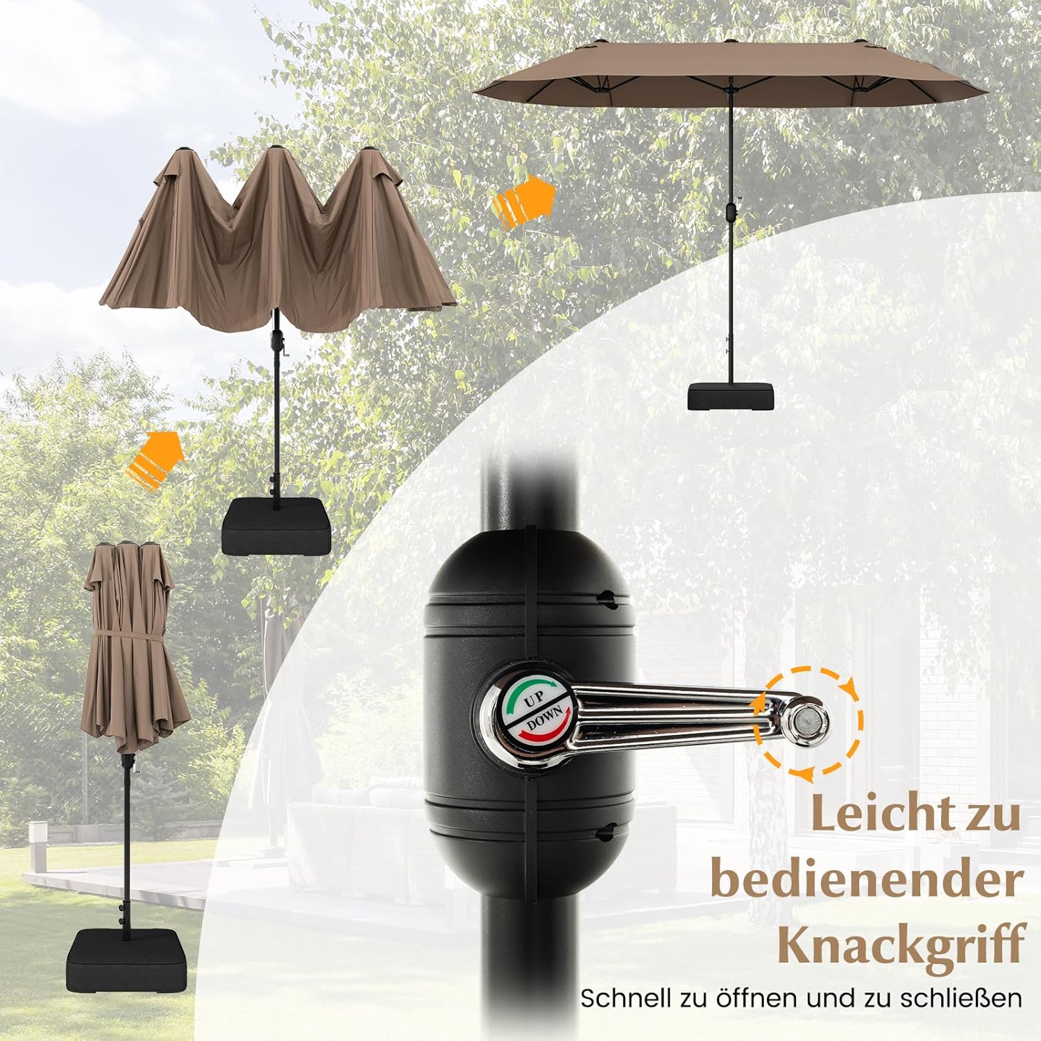 COSTWAY Parasol przeciwsłoneczny, prostokątny, 300 x 300 cm, duży parasol przeciwsłoneczny z korbą, parasol ogrodowy, odchylany o 360°, parasol tarasowy, do ogrodu, na taras, balkon (czarny)