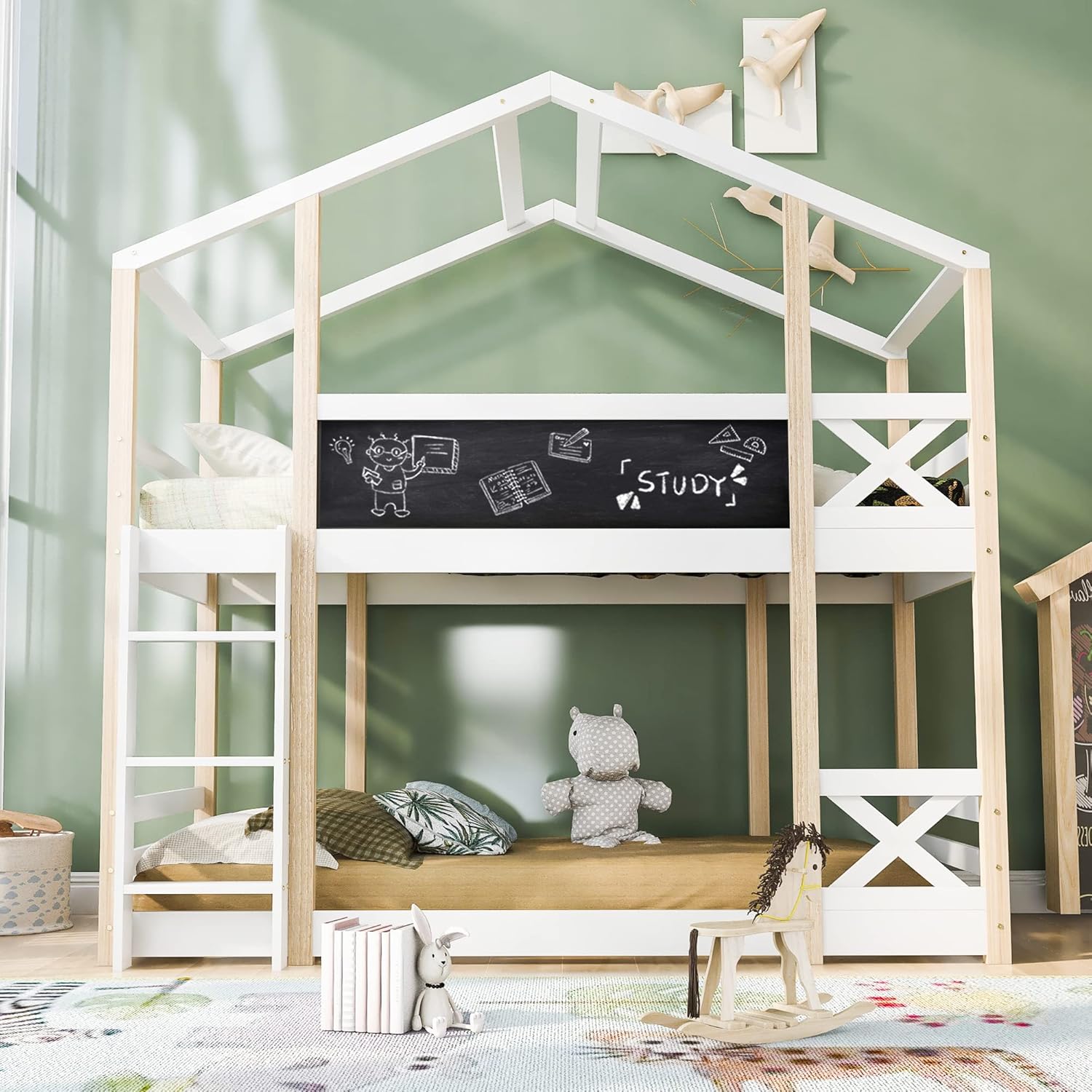 Dolamaní Łóżko domowe 90 x 200 cm ze schodami, łóżko piętrowe 90 x 200 cm, łóżko piętrowe z szufladą i zabezpieczeniem przed wypadnięciem, łóżko pojedyncze dla dzieci, 2 stelaże z listew, kolor