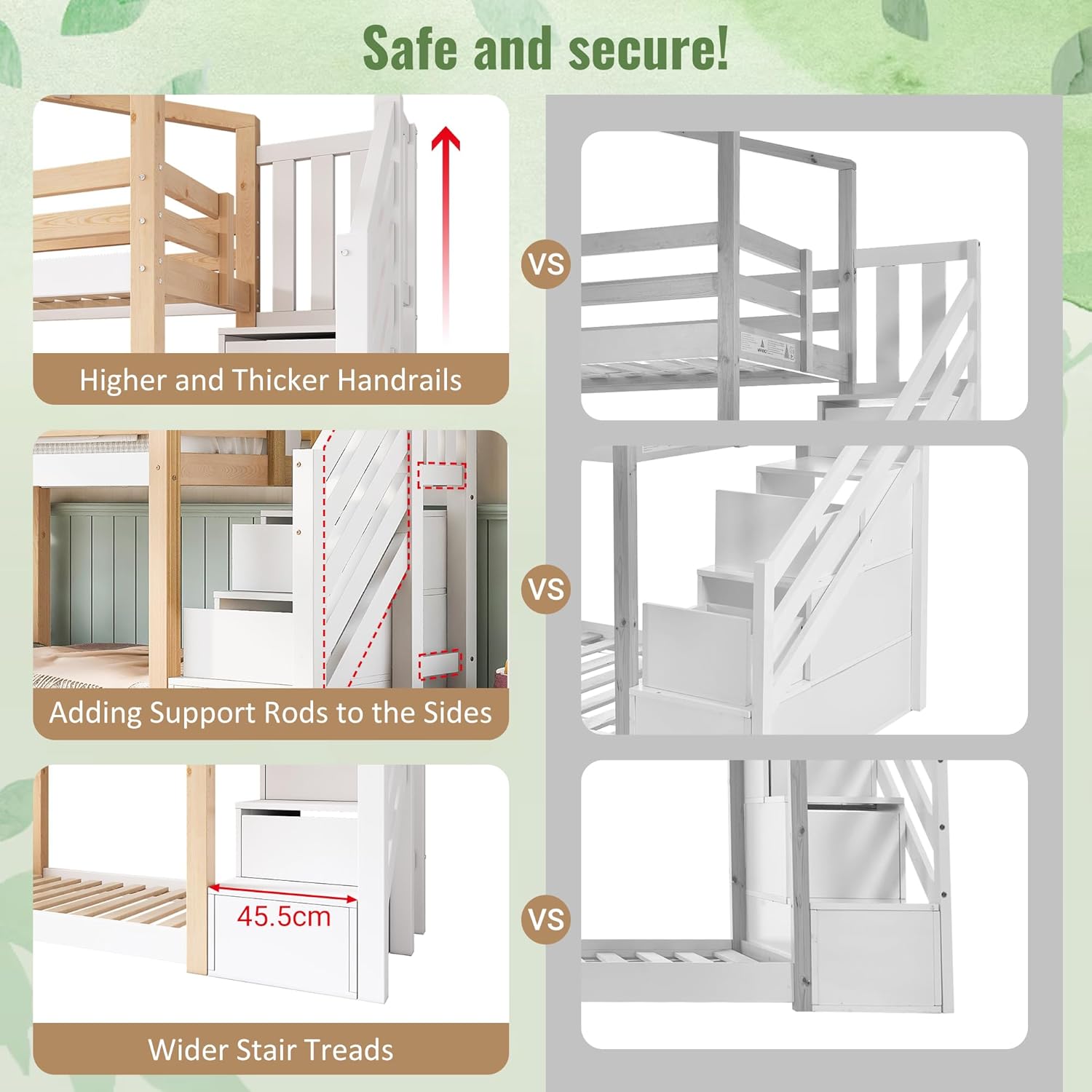 Dolamaní Łóżko domowe 90 x 200 cm ze schodami, łóżko piętrowe 90 x 200 cm, łóżko piętrowe z szufladą i zabezpieczeniem przed wypadnięciem, łóżko pojedyncze dla dzieci, 2 stelaże z listew, kolor