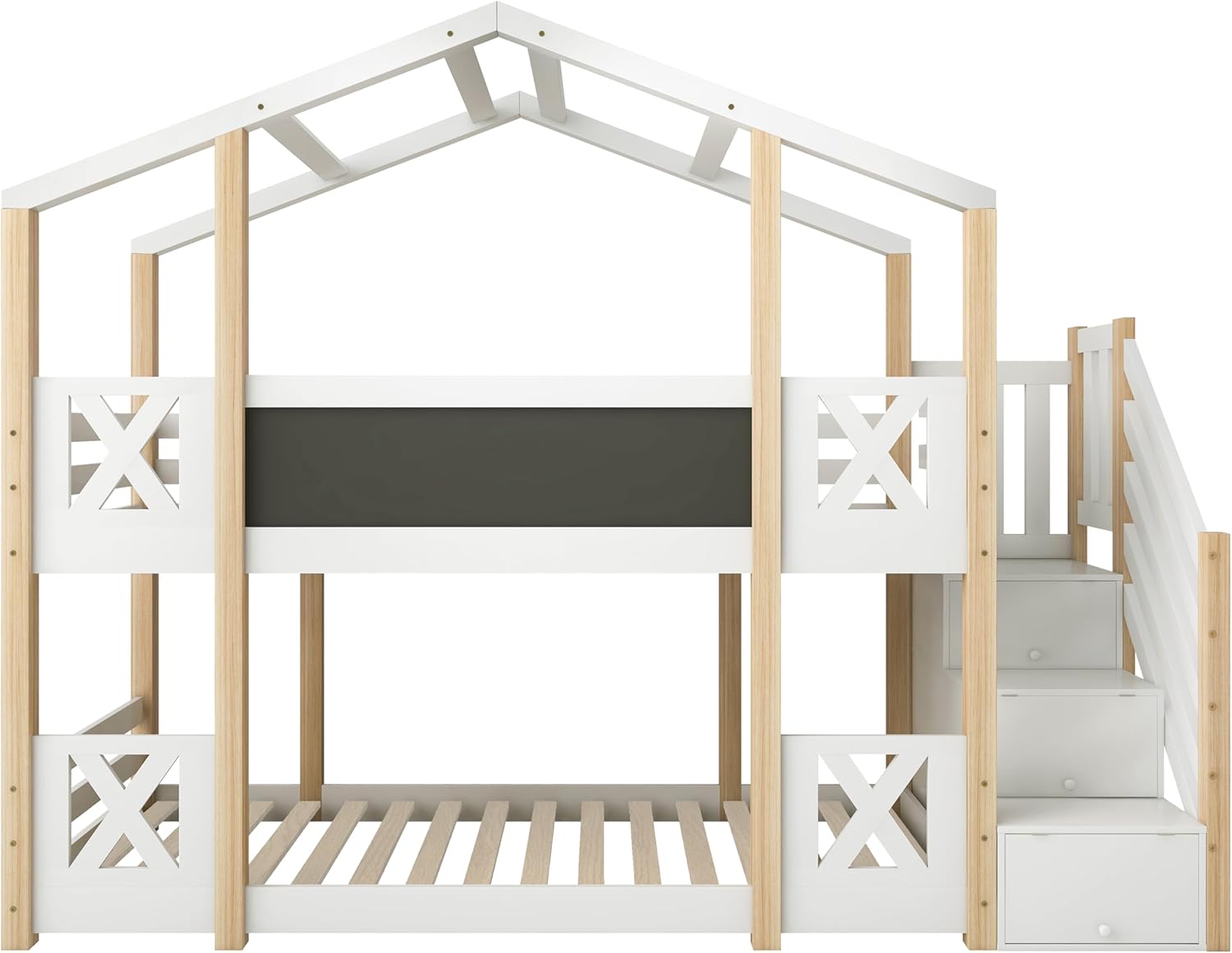 Dolamaní Łóżko domowe 90 x 200 cm ze schodami, łóżko piętrowe 90 x 200 cm, łóżko piętrowe z szufladą i zabezpieczeniem przed wypadnięciem, łóżko pojedyncze dla dzieci, 2 stelaże z listew, kolor