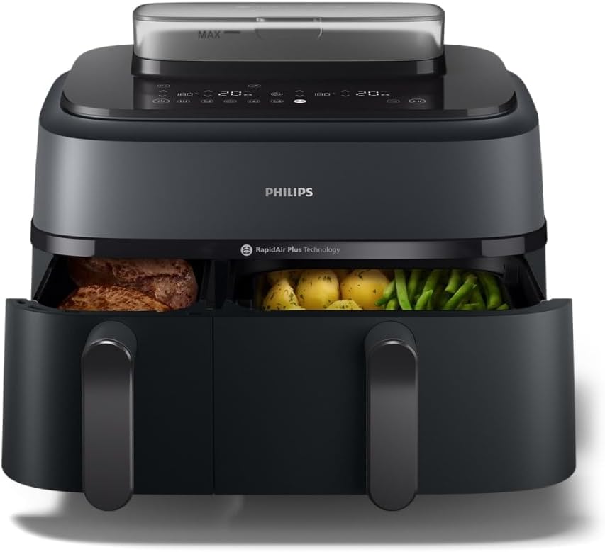 Philips Airfryer 5000 Serii Dual Basket z Technologią Air Steam oraz RapidAir Plus - pojemność 9L, 19 sposobów gotowania, 90% mniej tłuszczu, 2 kosze, czyszczenie parą, akcesoria (NA550/00)