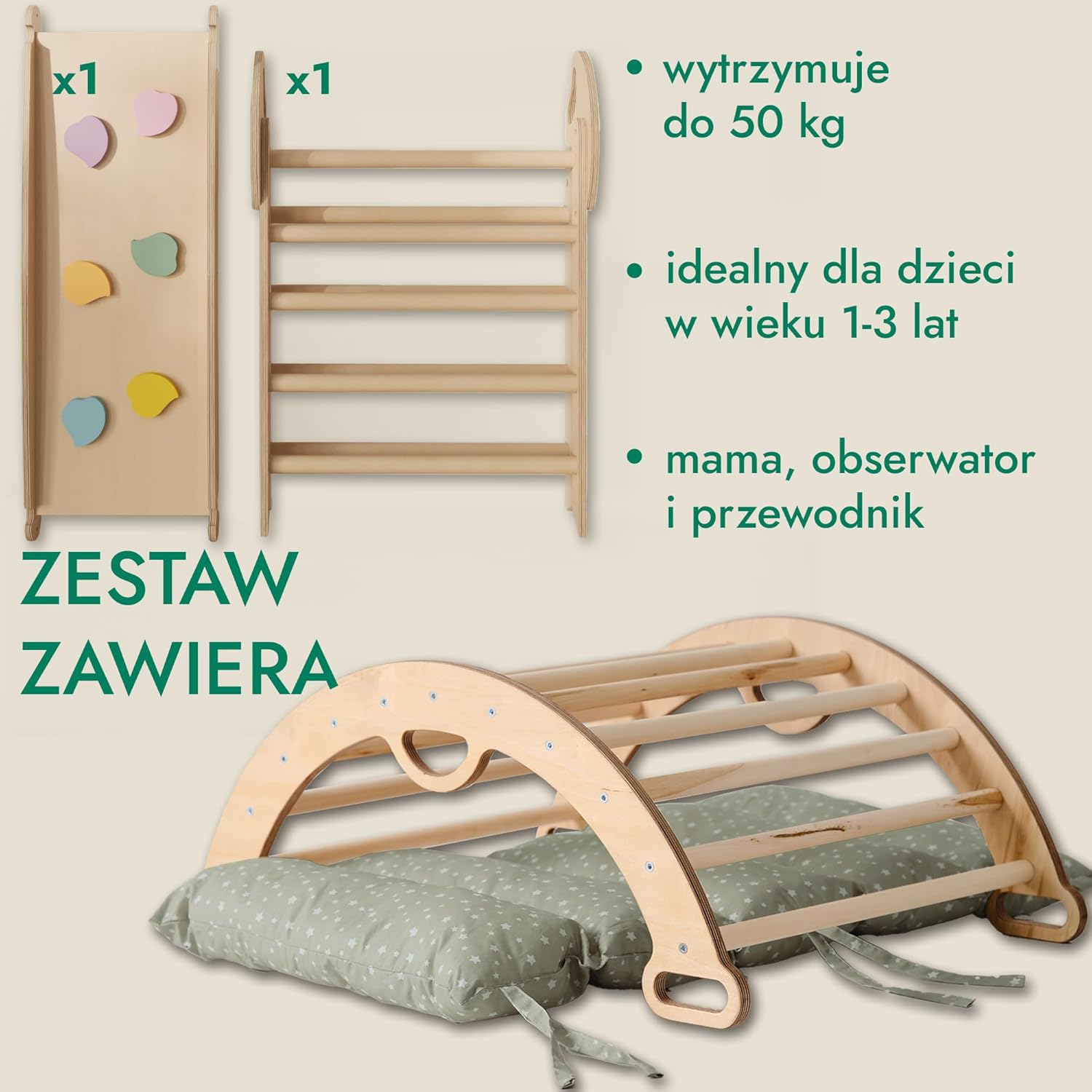 Zestaw wspinaczkowy 5 w 1 Montessori - drewniana siłownia z trójkątną drabinką i łukiem oraz rampą wspinaczkową, siatką i poduszką - rama wspinaczkowa dla maluchów w wieku 1-7 lat w rozmiarze XL