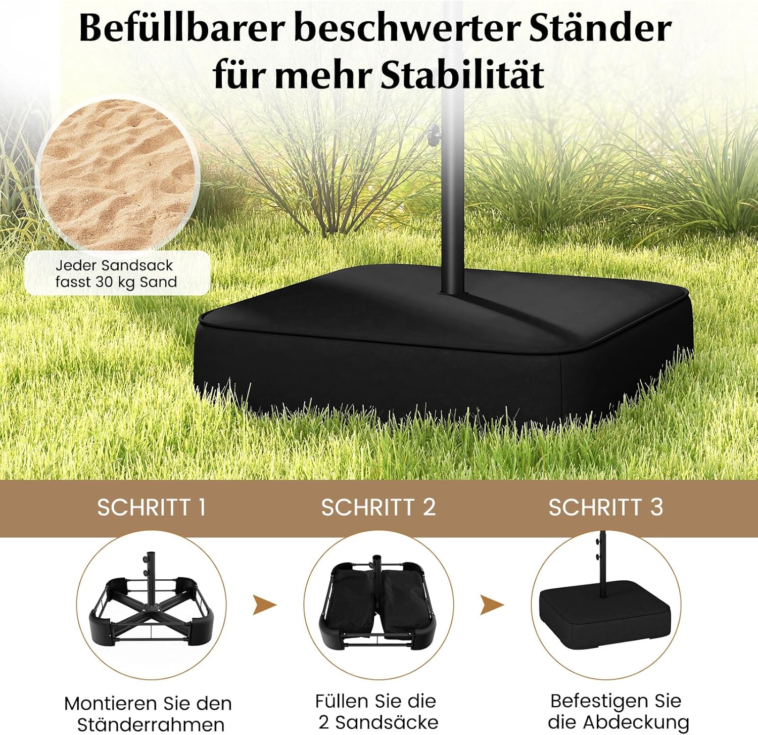 COSTWAY Parasol przeciwsłoneczny, prostokątny, 300 x 300 cm, duży parasol przeciwsłoneczny z korbą, parasol ogrodowy, odchylany o 360°, parasol tarasowy, do ogrodu, na taras, balkon (czarny)