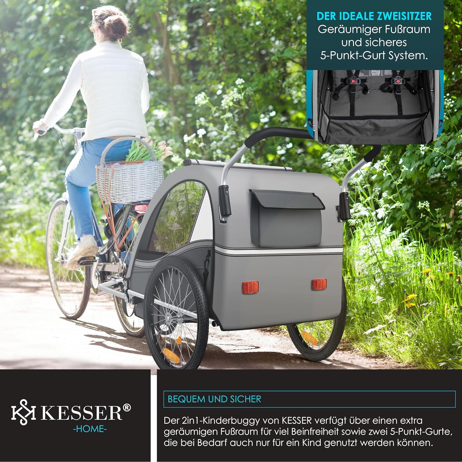 KESSER® Przyczepka rowerowa dla dzieci Sport-RX 2w1 z funkcją jazdy Przyczepka rowerowa dla dzieci + 5-punktowy pas bezpieczeństwa 360°