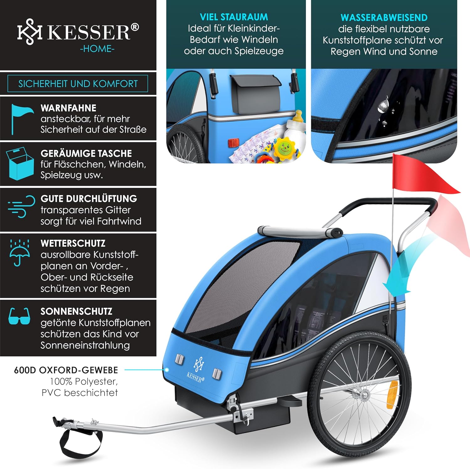 KESSER® Przyczepka rowerowa dla dzieci Sport-RX 2w1 z funkcją jazdy Przyczepka rowerowa dla dzieci + 5-punktowy pas bezpieczeństwa 360°