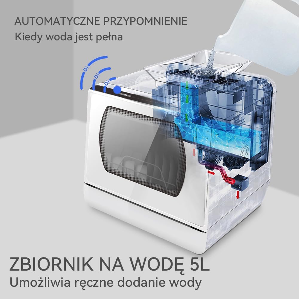 Mini zmywarka stołowa, do użytku z i bez podłączenia do wody, szerokość 43 cm, miejsce na 4 sztućce, do użytku na kempingu, 175 kWh/rok, biały