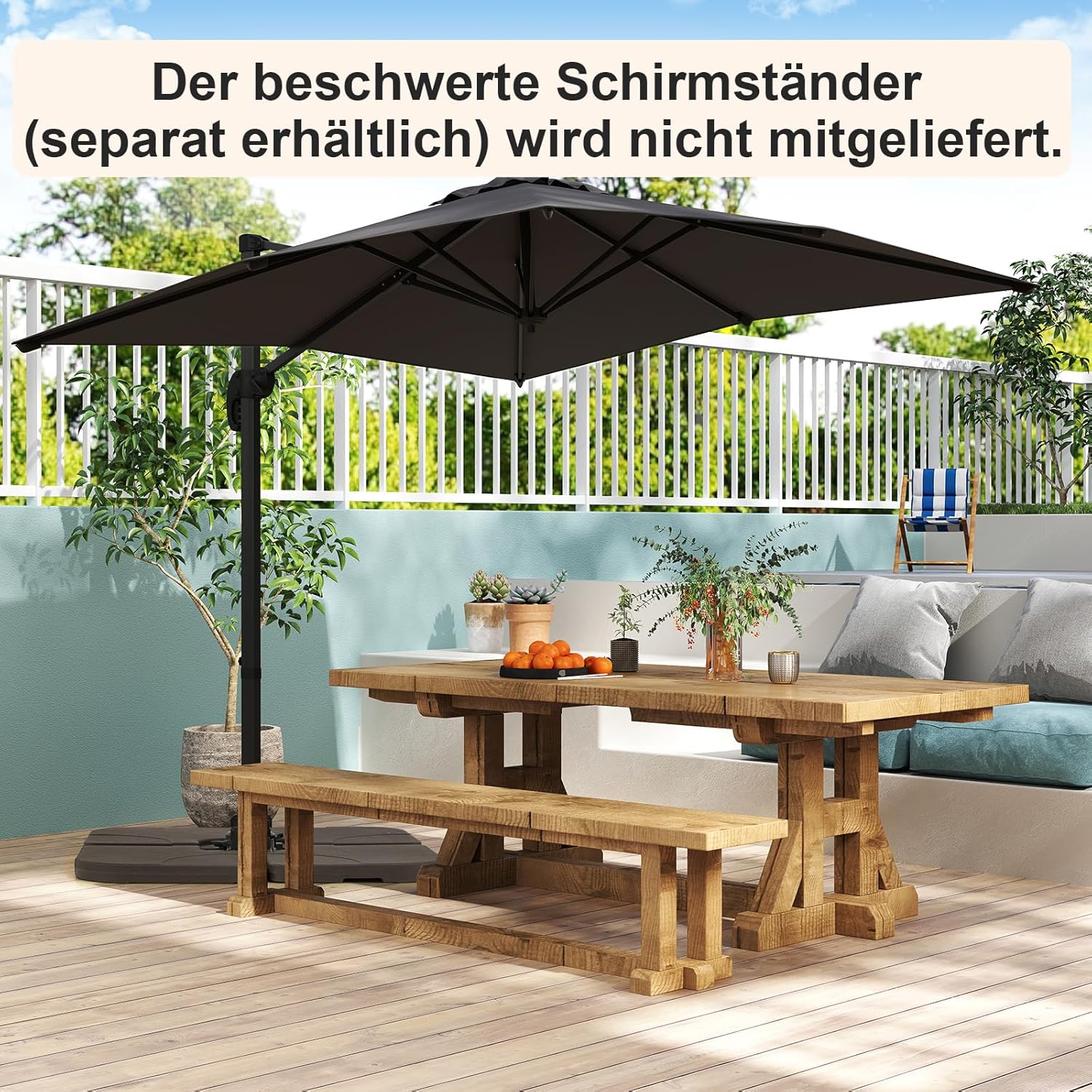 COSTWAY Parasol przeciwsłoneczny, prostokątny, 300 x 300 cm, duży parasol przeciwsłoneczny z korbą, parasol ogrodowy, odchylany o 360°, parasol tarasowy, do ogrodu, na taras, balkon (czarny)