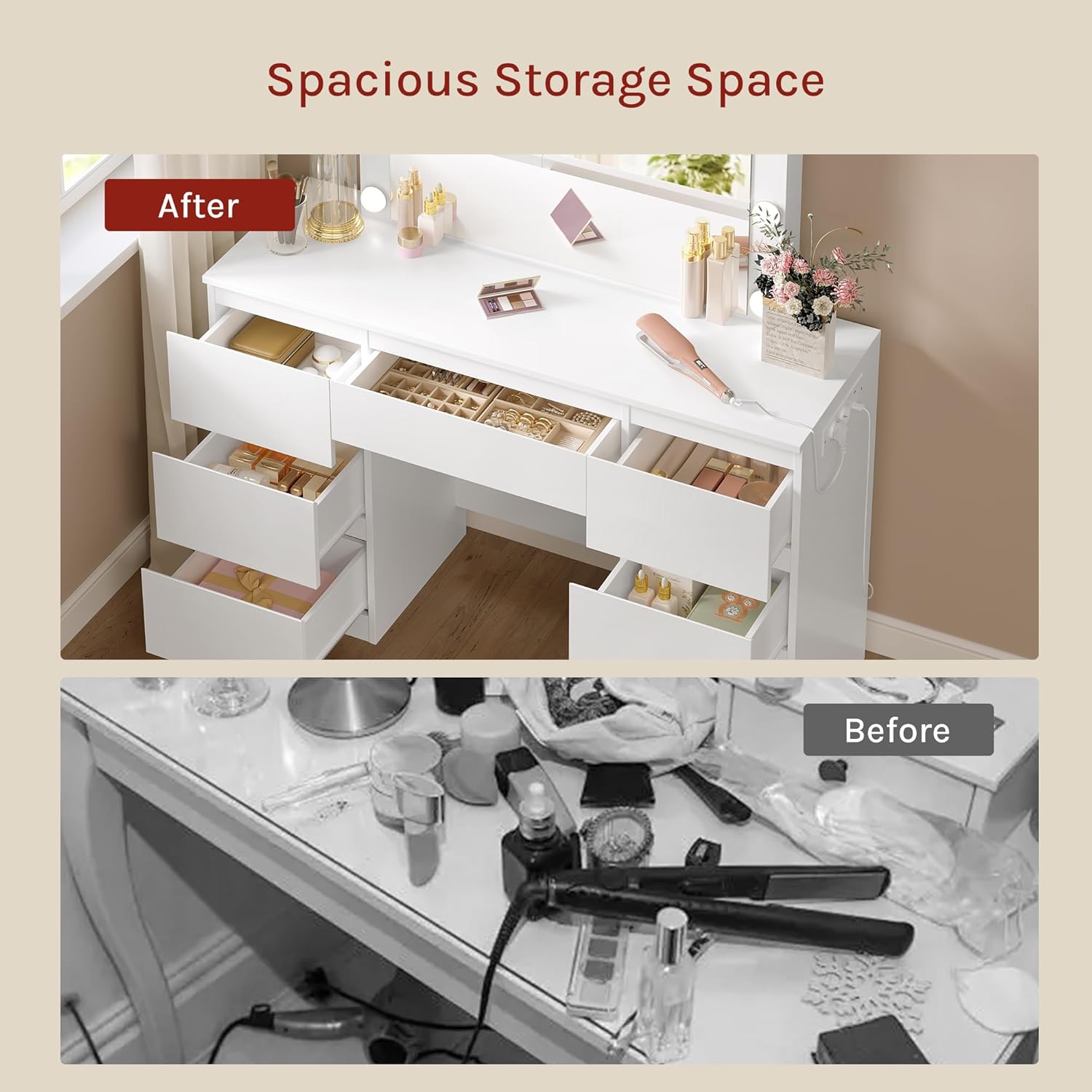 WOLTU MB6124ws Toaletka z oświetleniem i wieloma gniazdkami, toaletka z dużym lustrem LED i 7 szufladami, biurko do makijażu, 110 x 39,5 x 140,5 cm, biała nowoczesna komoda do sypialni