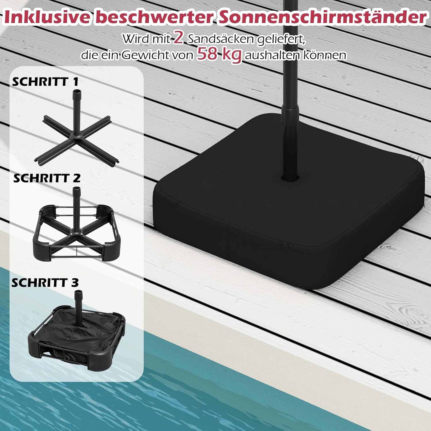 COSTWAY Parasol przeciwsłoneczny, prostokątny, 300 x 300 cm, duży parasol przeciwsłoneczny z korbą, parasol ogrodowy, odchylany o 360°, parasol tarasowy, do ogrodu, na taras, balkon (czarny)