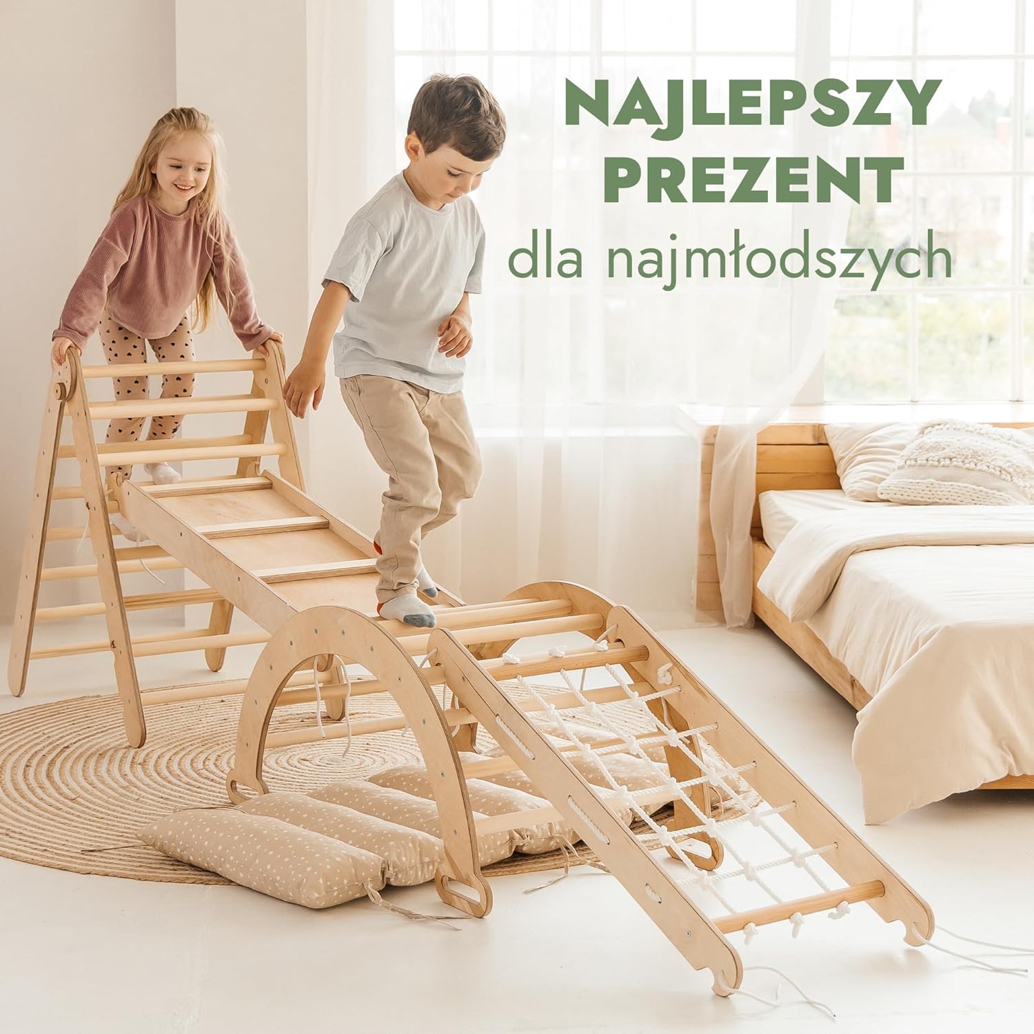 Zestaw wspinaczkowy 5 w 1 Montessori - drewniana siłownia z trójkątną drabinką i łukiem oraz rampą wspinaczkową, siatką i poduszką - rama wspinaczkowa dla maluchów w wieku 1-7 lat w rozmiarze XL