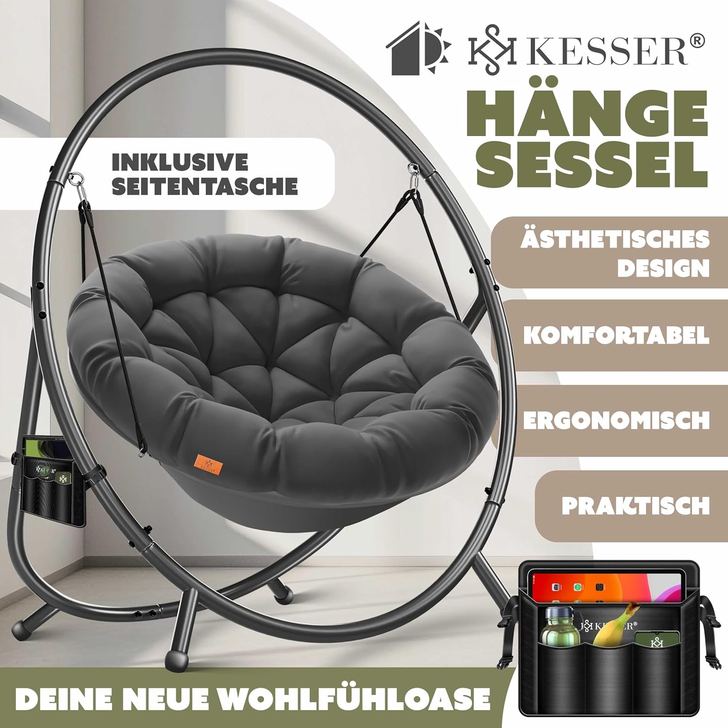 KESSER® Fotel wiszący ze stalowym stelażem, huśtawka, do 150 kg, do użytku wewnątrz i na zewnątrz, z poduszką i kieszenią boczną, kosz wiszący, piankowa poduszka, idealny do salonu i ogrodu