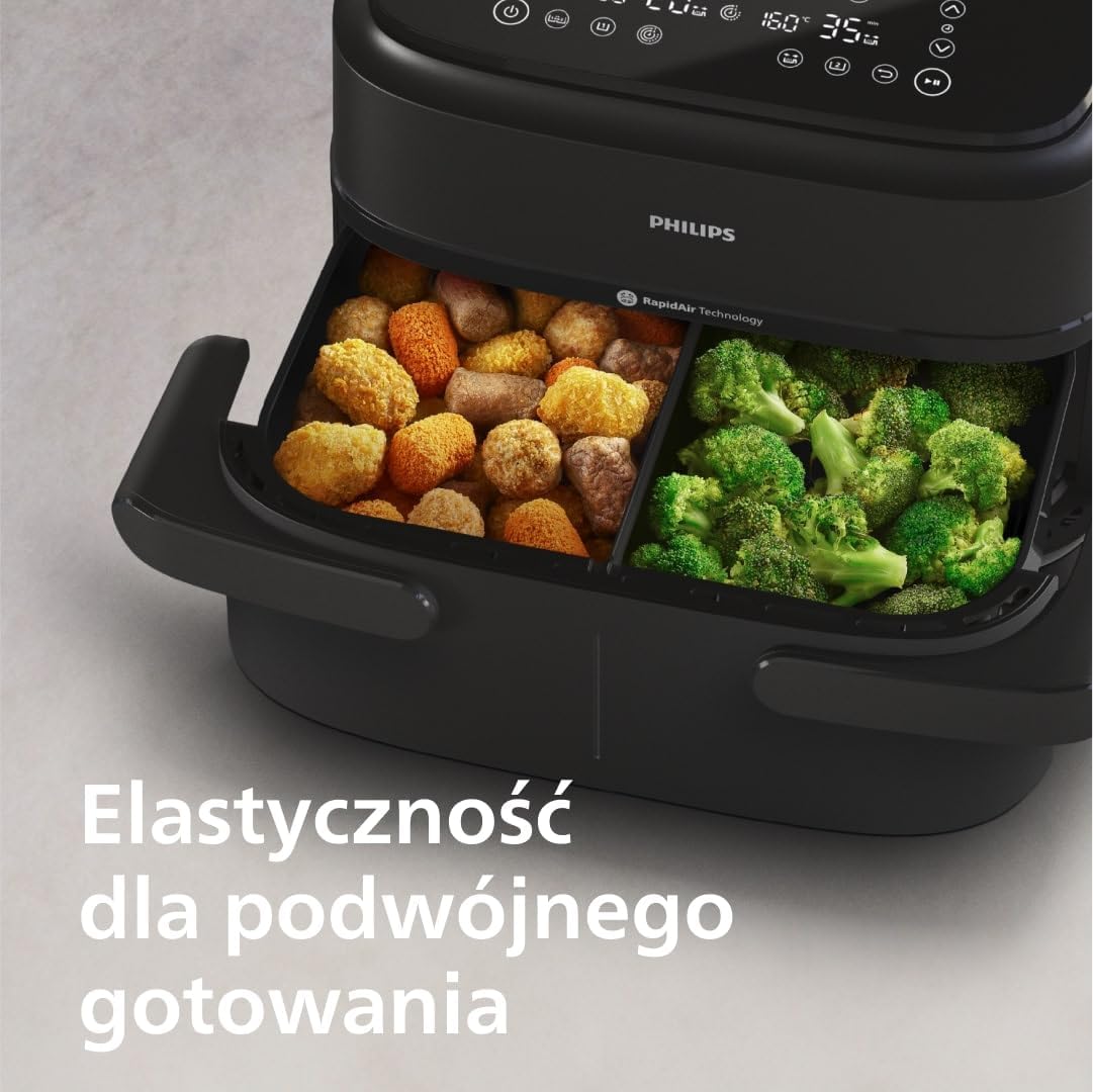 Philips Airfryer 5000 Serii Dual Basket z Technologią Air Steam oraz RapidAir Plus - pojemność 9L, 19 sposobów gotowania, 90% mniej tłuszczu, 2 kosze, czyszczenie parą, akcesoria (NA550/00)