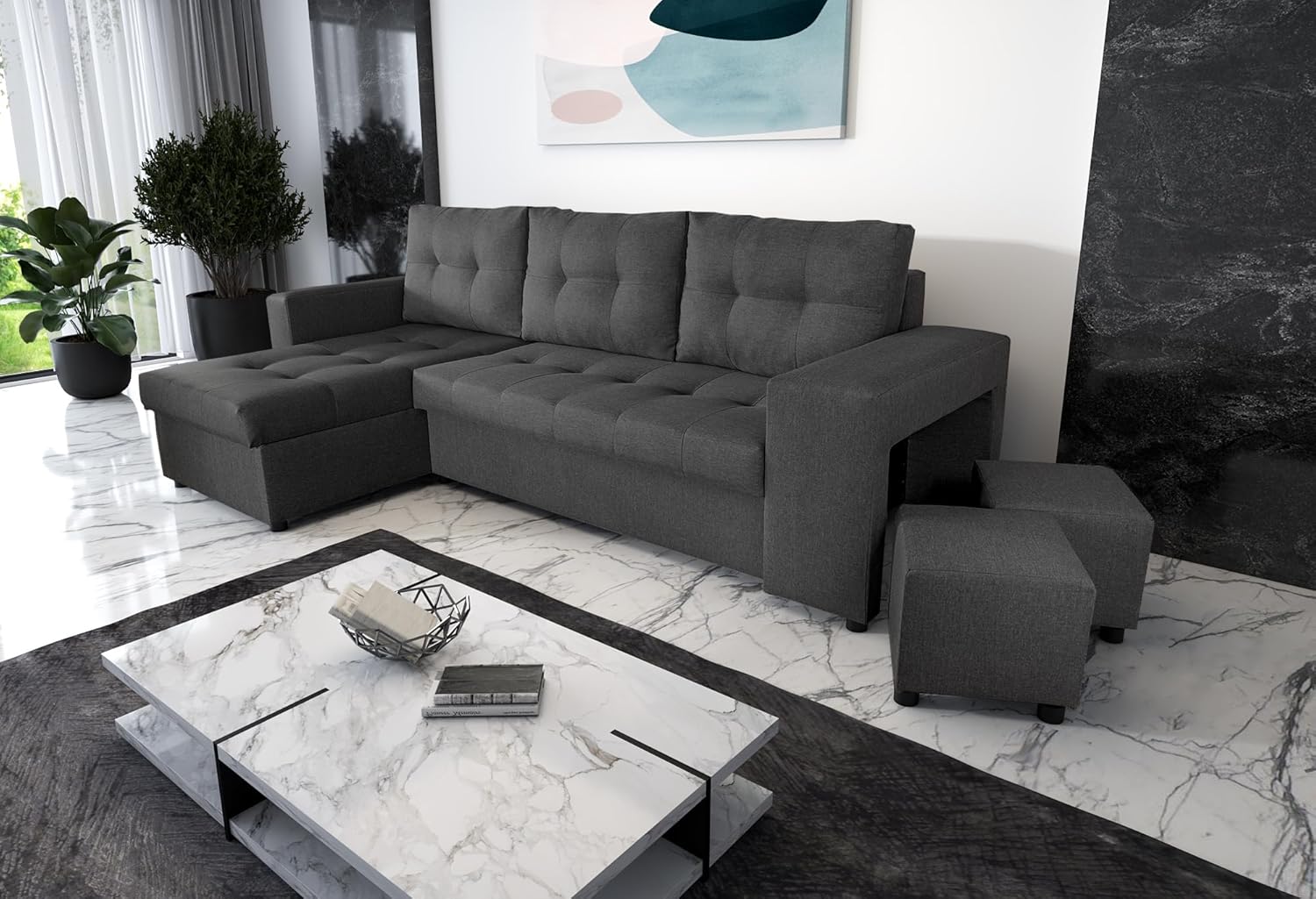 NAWSTOL - Sofa narożna Leon z funkcją spania i skrzynią na pościel – nowoczesna sofa do salonu – możliwość montażu z lewej lub prawej strony (szara + biała sztuczna skóra)